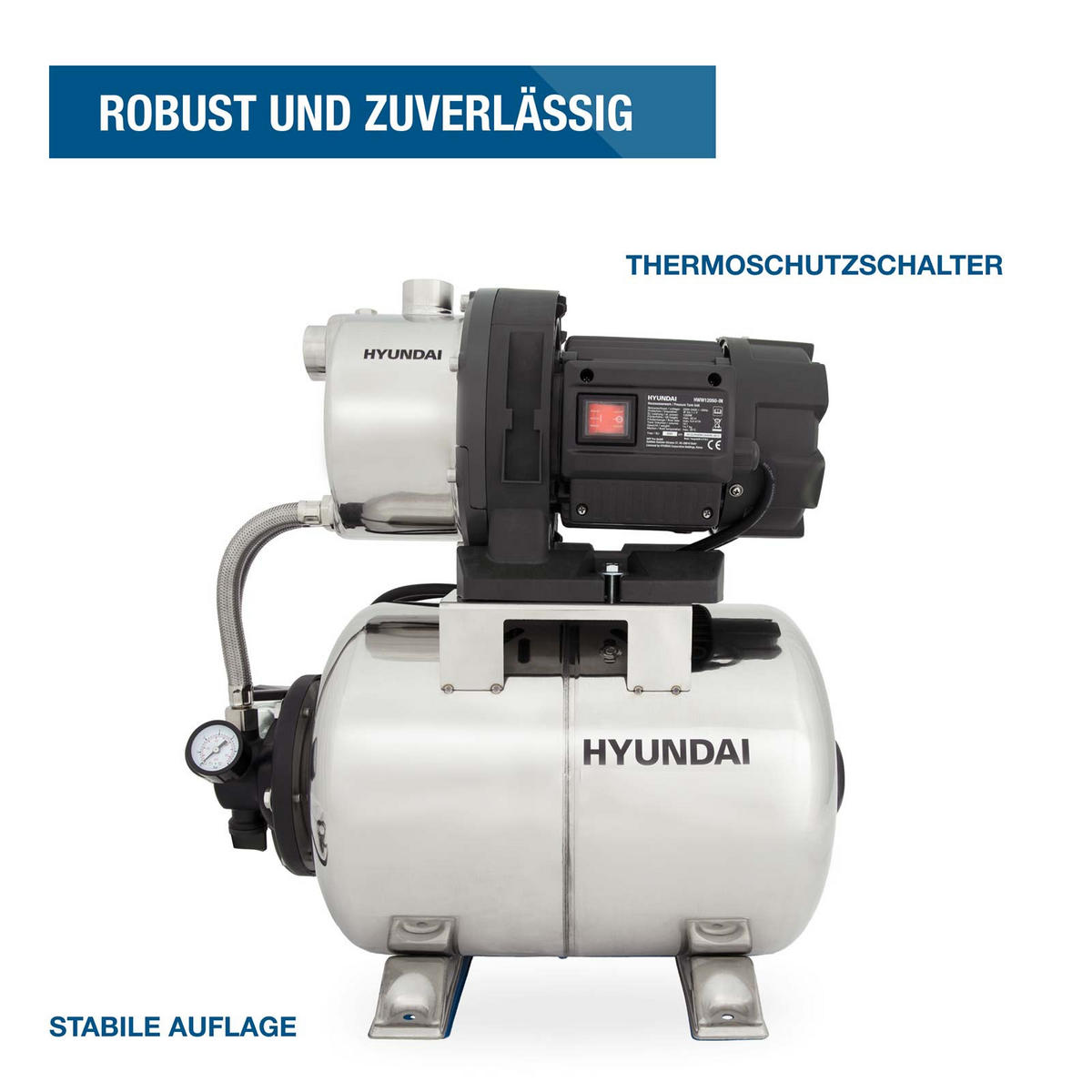 HAUSWASSERWERK HWW12050-IN (1200W, INOX-Kessel, 5.000 l/h, Förderhöhe max. 50m, Ansaughöhe max. 8m) - Silberfarben, Metall (27.5/51.4/48.1cm) - HYUNDAI