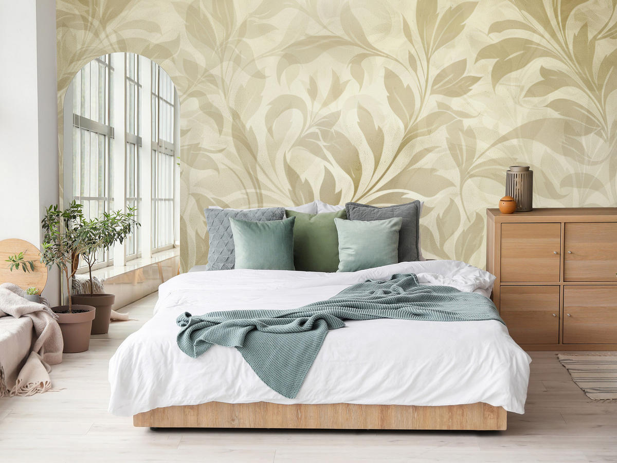 FOTOTAPETE für Schlafzimmer Blätter Pflanzen Natur Beige Vintage 300x210 - Beige/Braun, Papier (300/210cm) - Muralo