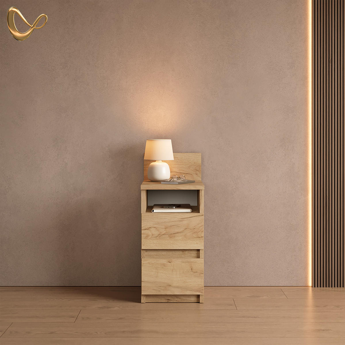 NACHTTISCH Roya, Goldkraft Eiche, 25 x 59.1 cm mit 2 Schubladen - Honigeiche, Holzwerkstoff (25/59.1/32.3cm) - Livinity®