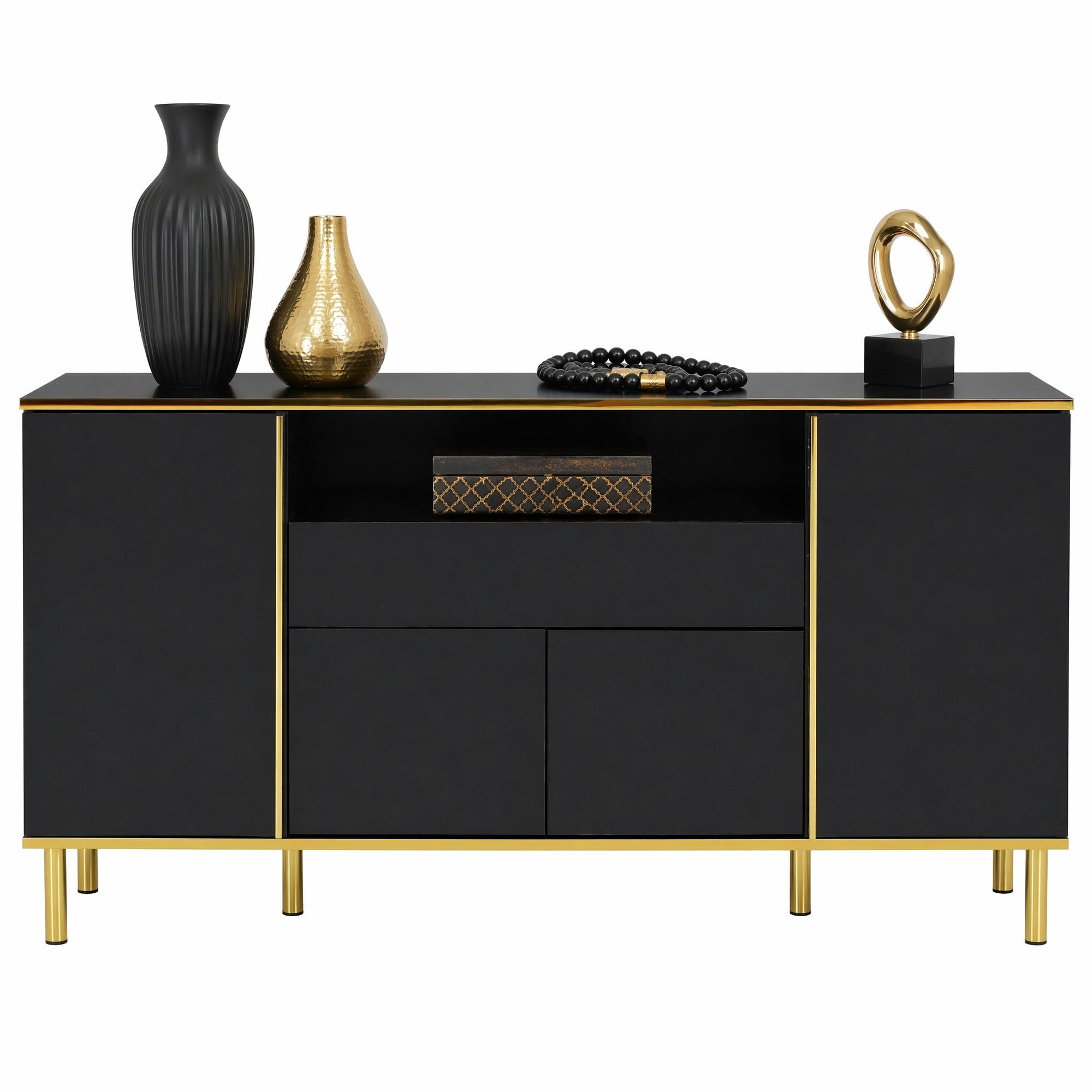 KUCHYŇSKÁ SKŘÍŇ černá, zásuvka, úložný prostor, do obývacího pokoje a ložnice, 150×40×80 cm - černá/zlatá, kov/kompozitní dřevo (150/80/40cm) - STILVORA