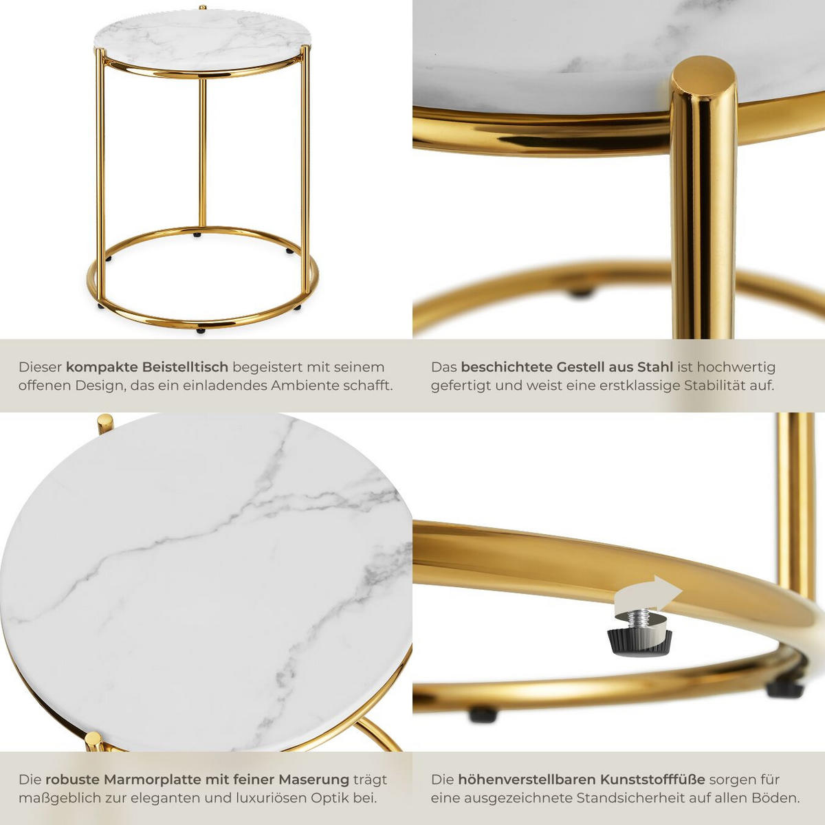 BEISTELLTISCH Ellsa,43 x 43 x 50,5 cm,weiß/gold - Goldfarben/Weiß, Stein (43/43/50.5cm) - tectake