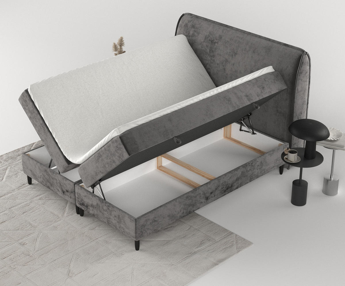 BOXBETT Melba Dunkelgrau 180/200 cm mit Matratze und Topper - Dunkelgrau/Schwarz, Holz/Holzwerkstoff (180/200cm) - Maison de Reve