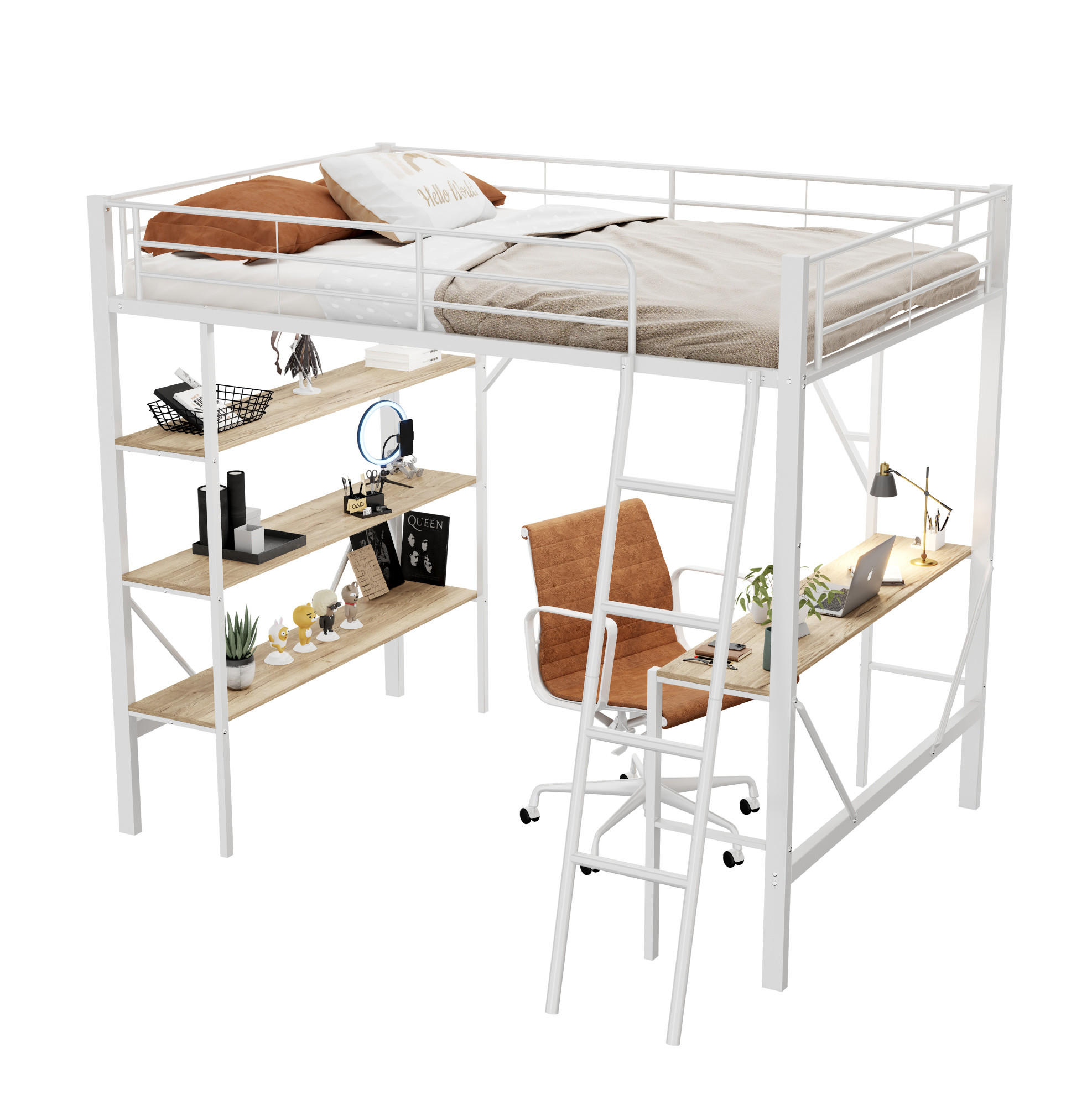 HOCHBETT 90/200 cm in Weiß mit Schreibtisch und 3 Ablagen - Weiß, Holzwerkstoff (90/200cm) - Flora Grace