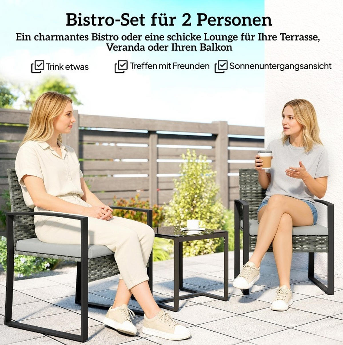 GARTENSET aus Stahl 40x40x40 cm Hellgrau mit 2 Sesseln, Glastisch und abnehmbaren Kissenbezügen - Hellgrau, Metall - Modfu