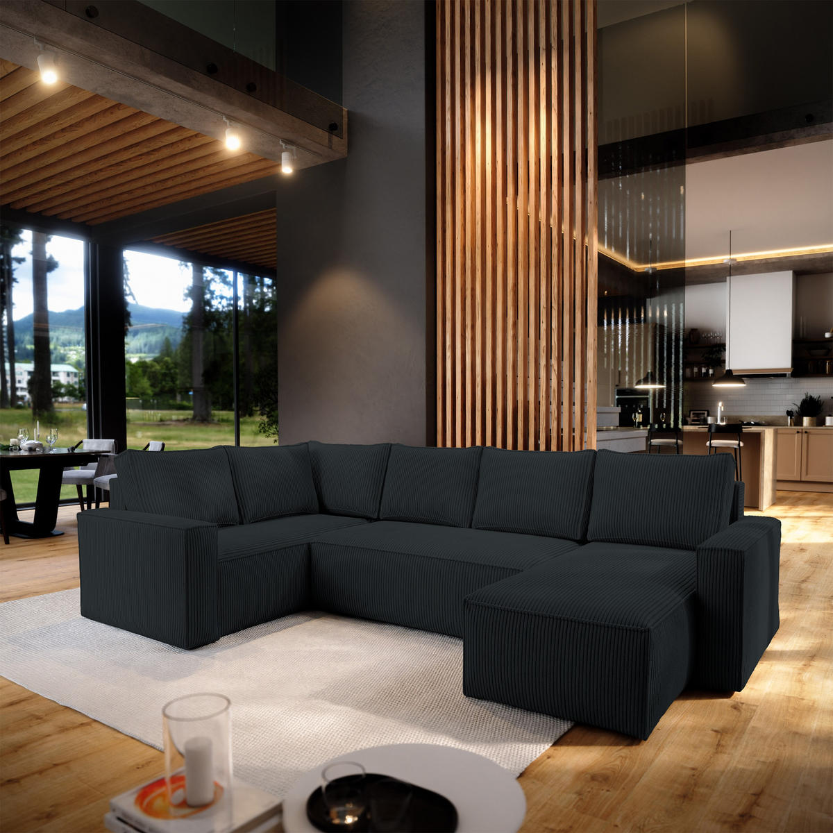 WOHNLANDSCHAFT NORENA L-S Schwarz Kordstoff mit Schlaffunktion - Schwarz, Holz (295/85/157.5cm) - MASSENO