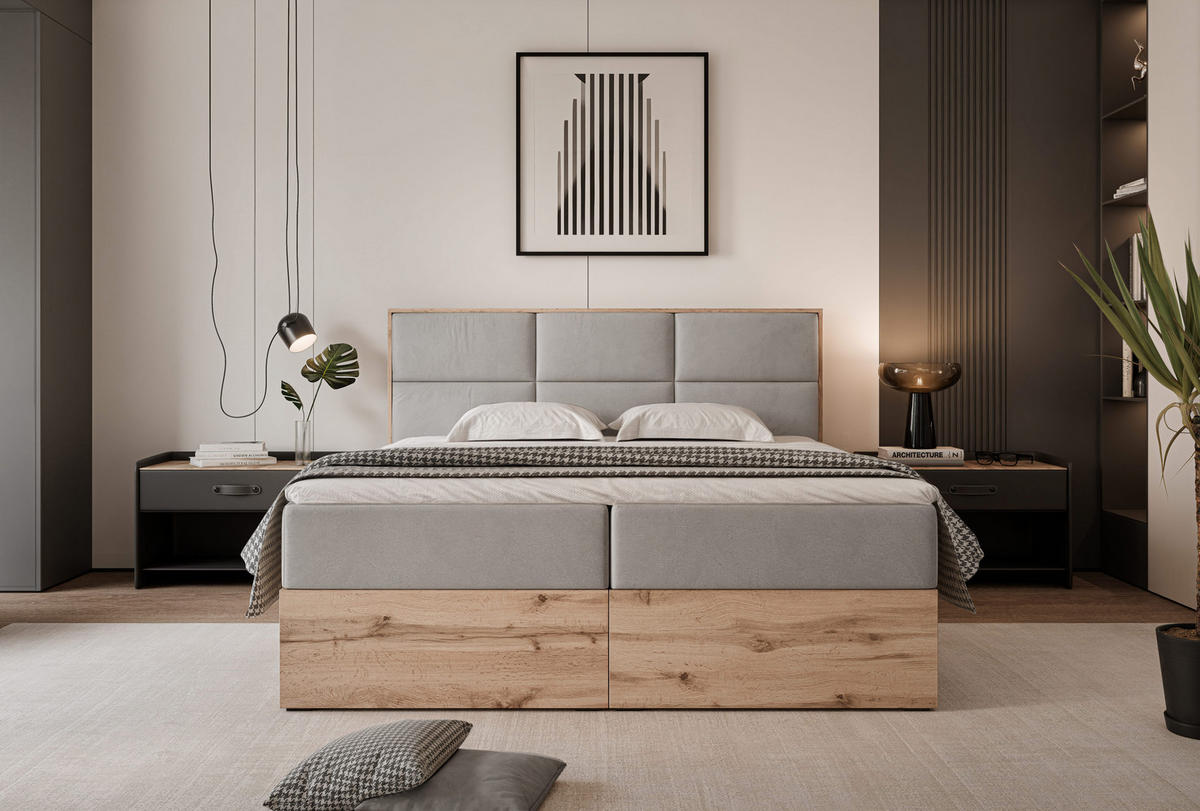 BOXBETT LAVIO 160/200 cm, in Hellgrau, mit Matratze und Topper - Hellgrau, Holzwerkstoff/Textil (160/200cm) - Idohome