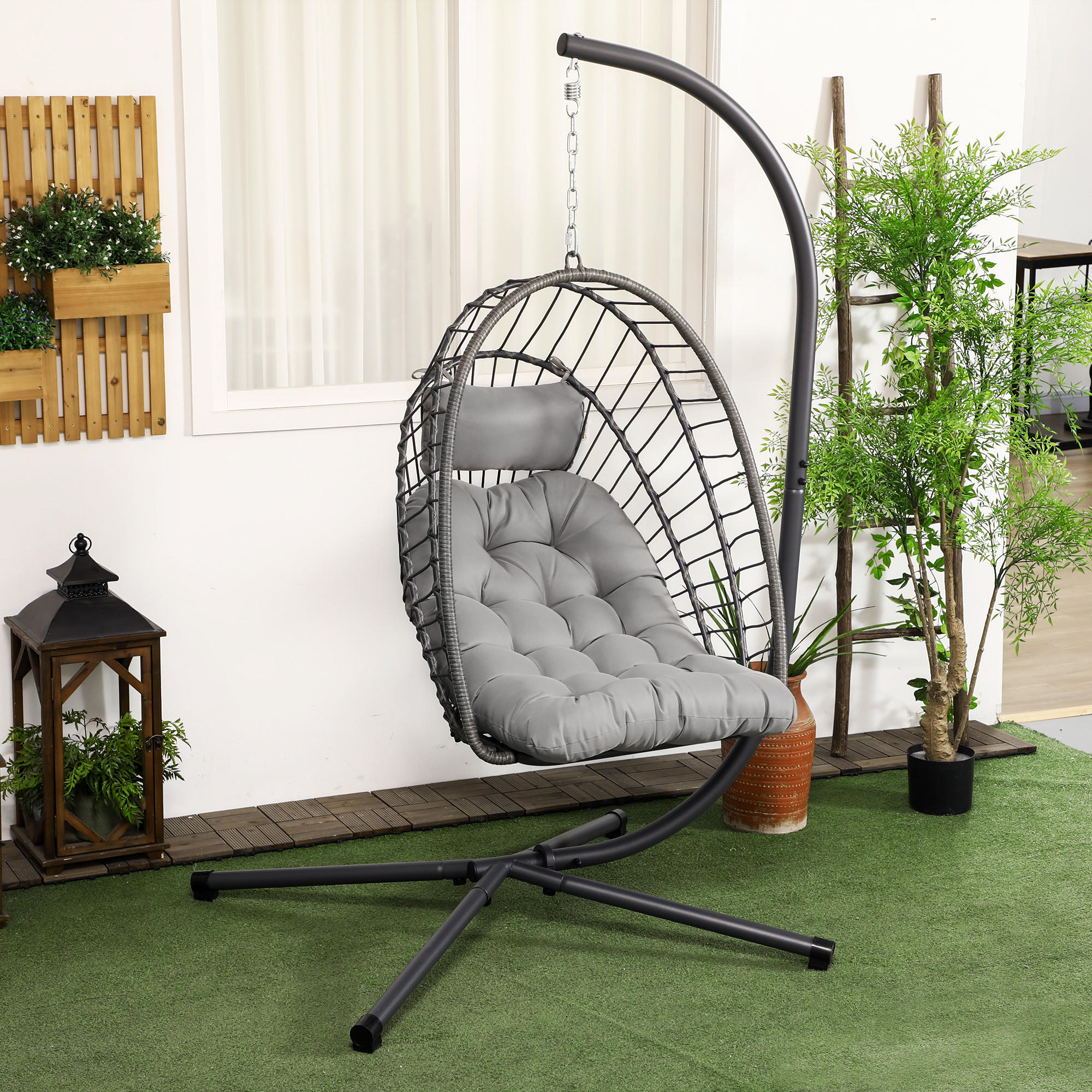 HÄNGESTUHL Höhe 194 cm, klappbarer Hängekorb, Kissen, bis zu 100 kg, Hellgrau - Hellgrau, Kunststoff (131/194/100cm) - Outsunny