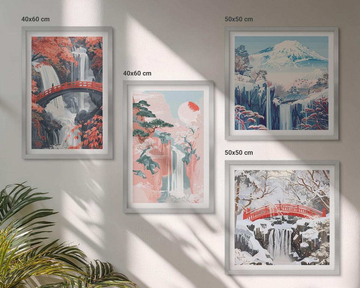 WANDBILDER 4er Set - 50x50 cm & 40x60 cm Silberner Rahmen - Wasserfälle, Brücken, Bäume, Jahreszeiten - Silberfarben, Kunststoff (50/50cm) - ArtPrintCave