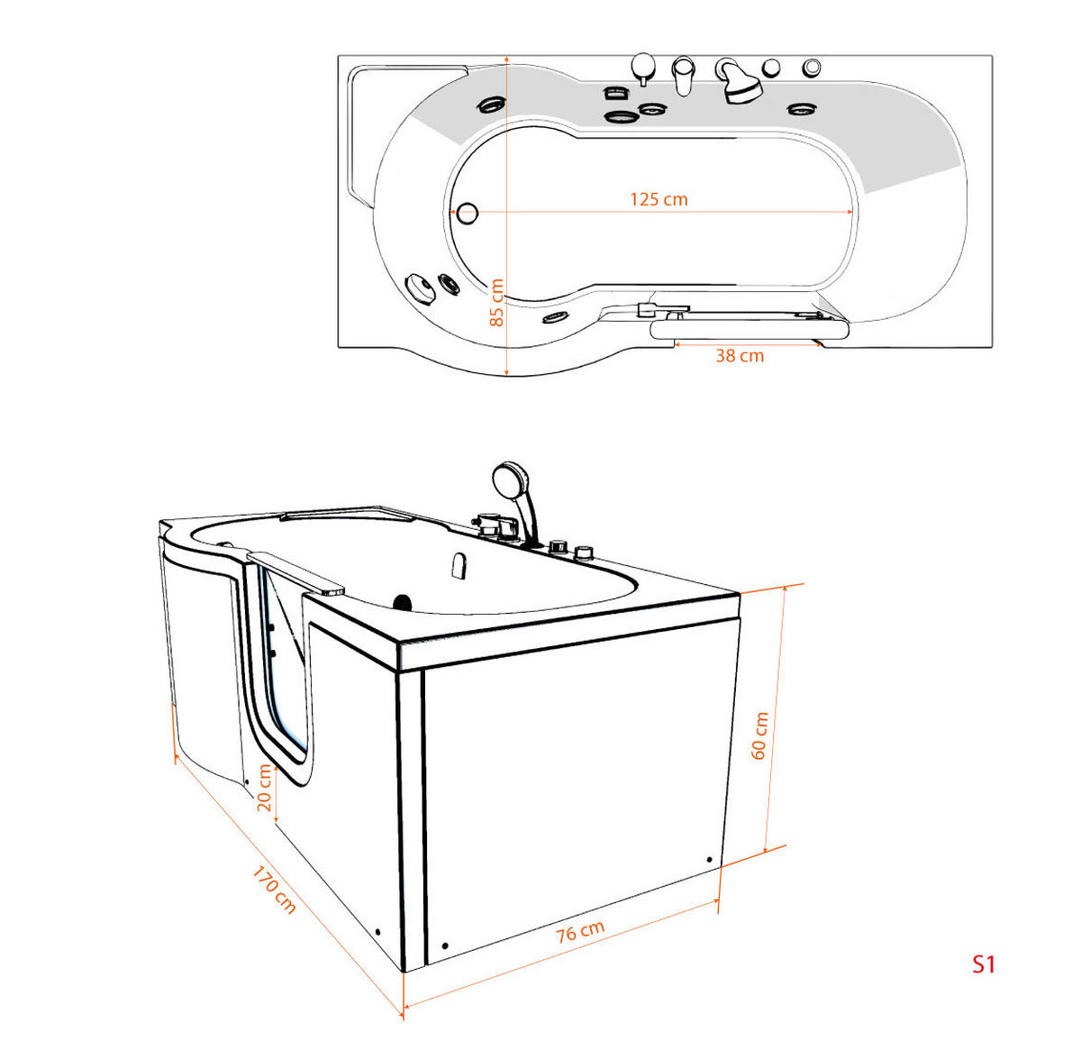 SENIORENBADEWANNE mit Tür S12-EH-R 85x170cm - Weiß, Glas/Kunststoff (170/60/85cm) - AcquaVapore by Sandra Jentho