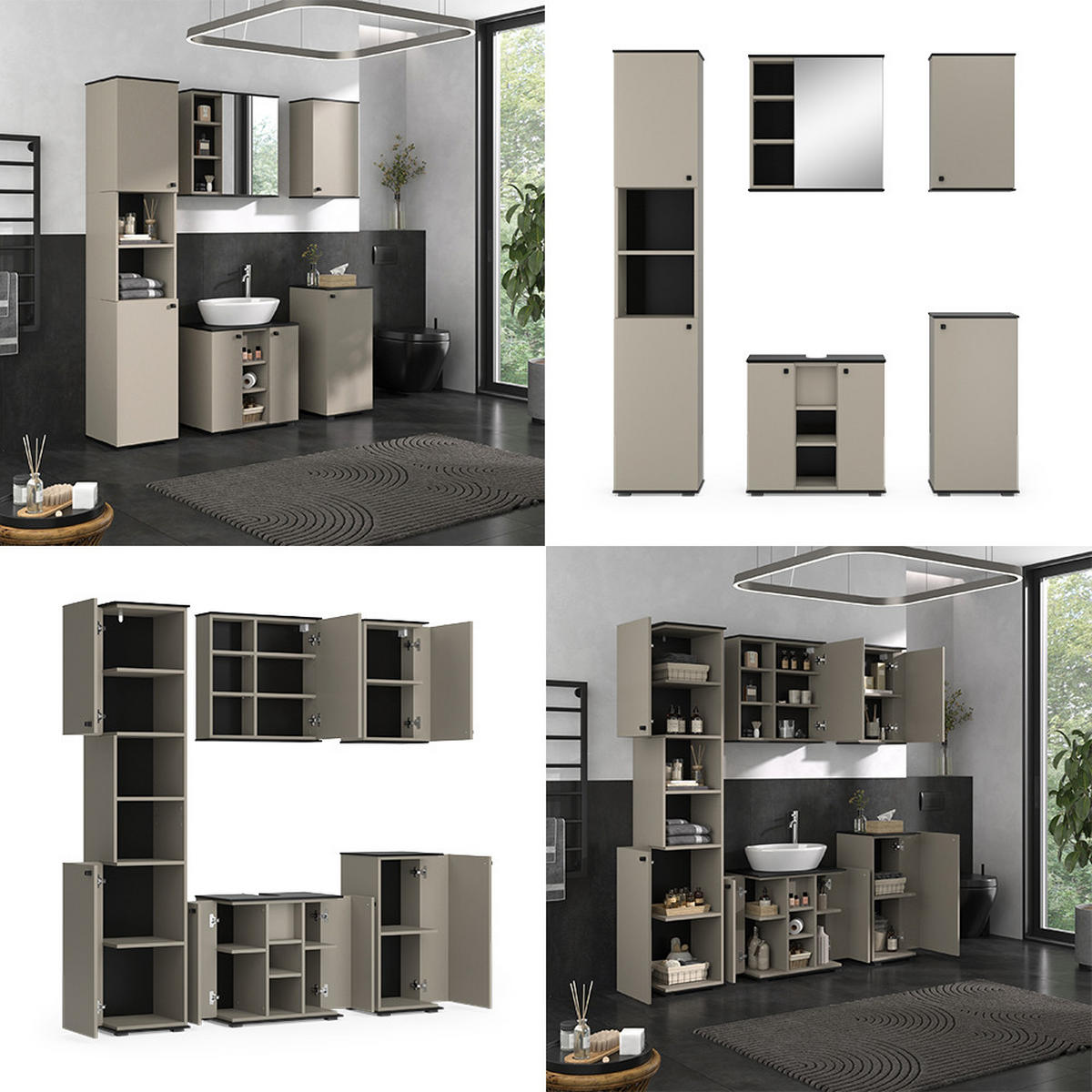 BADMÖBEL-SET Joli Greige 5 Teile - Greige/Schwarz, Holzwerkstoff (60/59/37cm) - Vicco