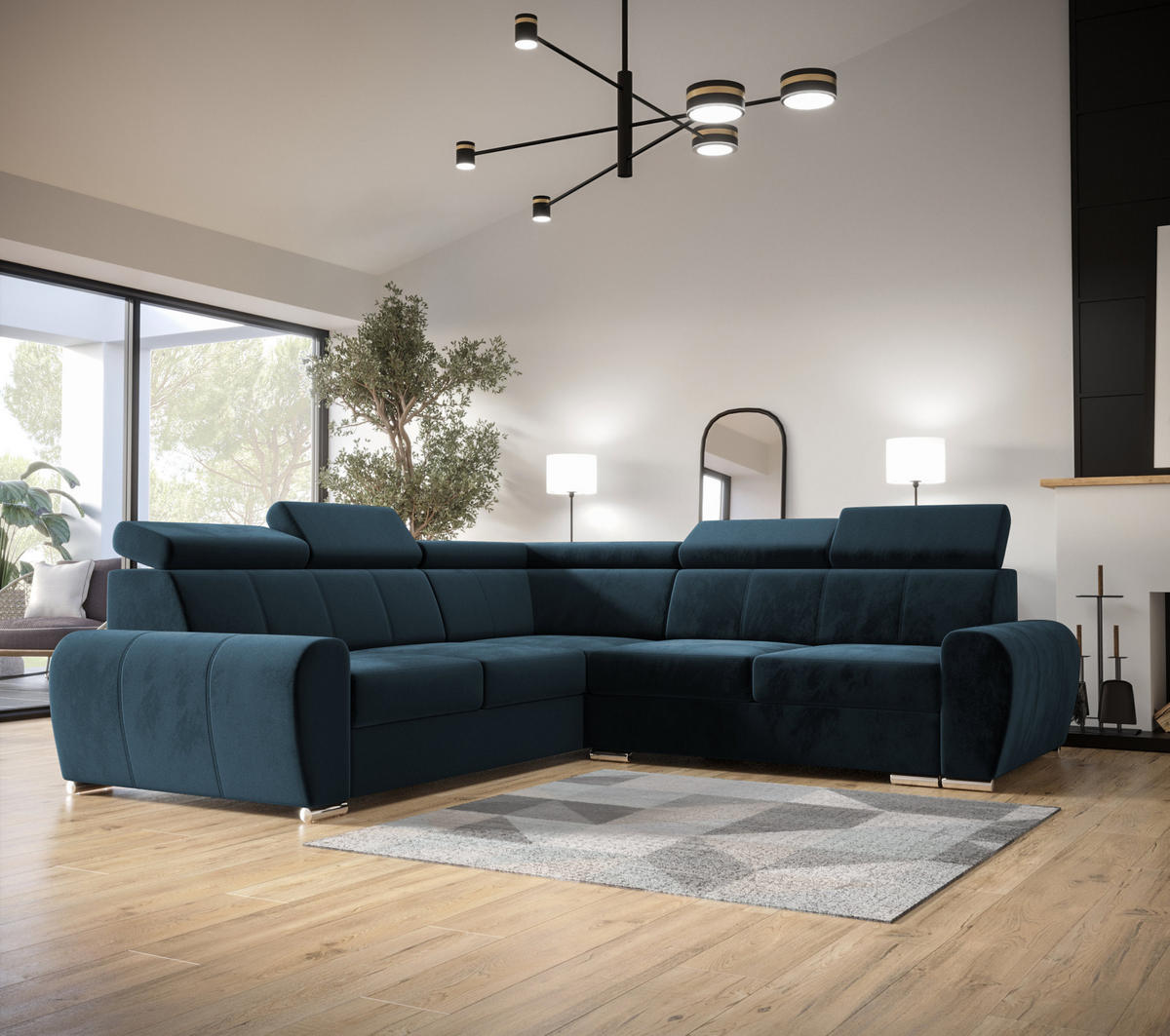 ECKSOFA APOLLO KN09, Eckcouch in L-Form mit Schlaffunktion, Farbe: Blau, Velourstoff, Ottomane Links - Blau, Textil (255/255cm) - O-Sofa