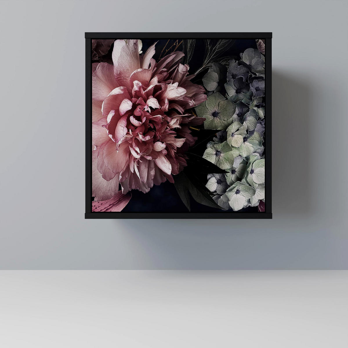 SIDEBOARD PURE BLOSSOM, Schwarz, 57,5x42x67,5 cm, Schwarze Metall-Rahmenfüße - Multicolor/Schwarz, Holzwerkstoff/Metall (57.5/67.5/42cm) - SpaceRebels