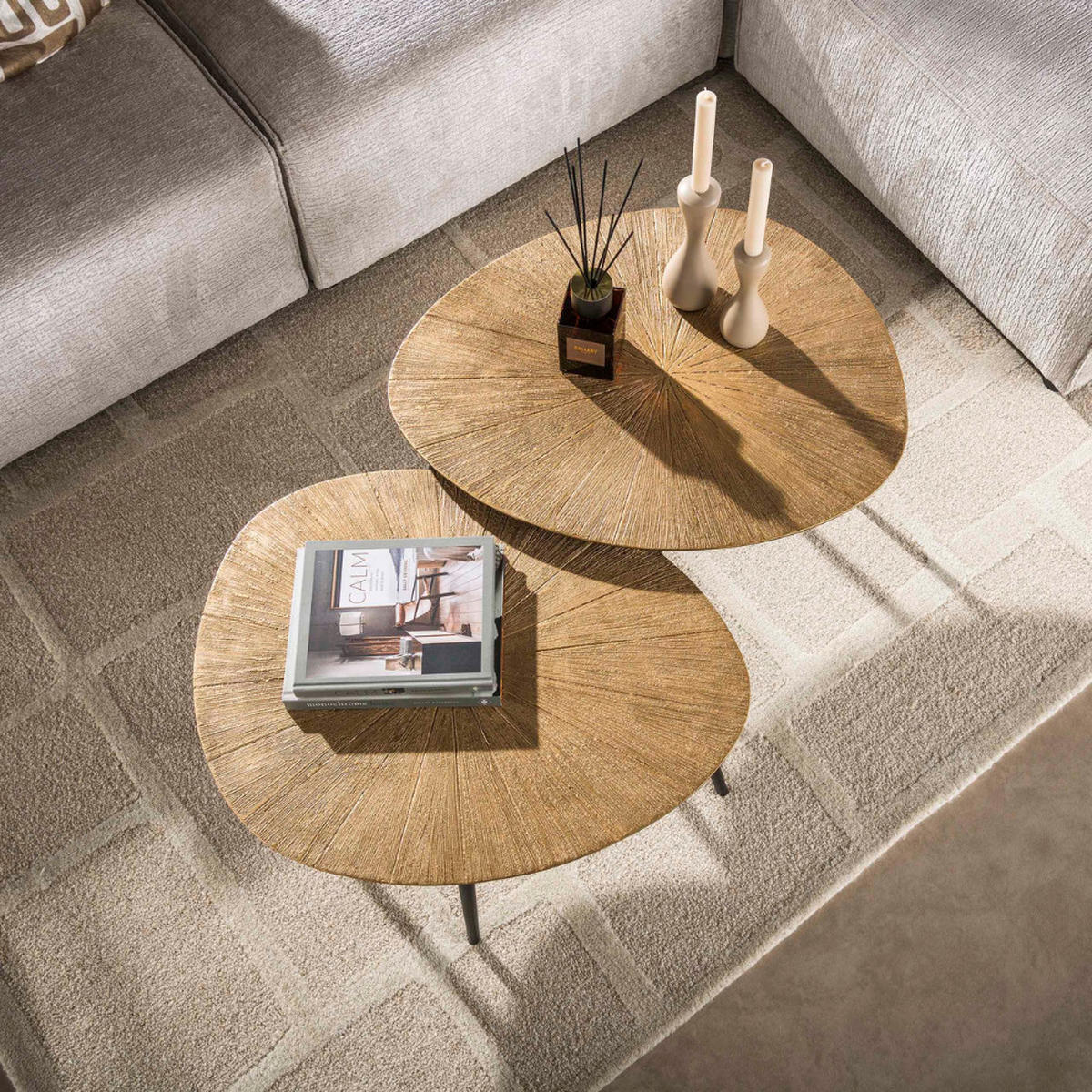 COUCHTISCH-SET SILVIO RAGGIO Organische Satztische mit Strahlenmuster in Antikgold - Goldfarben, Holz (56/71/40cm) - alesvelt