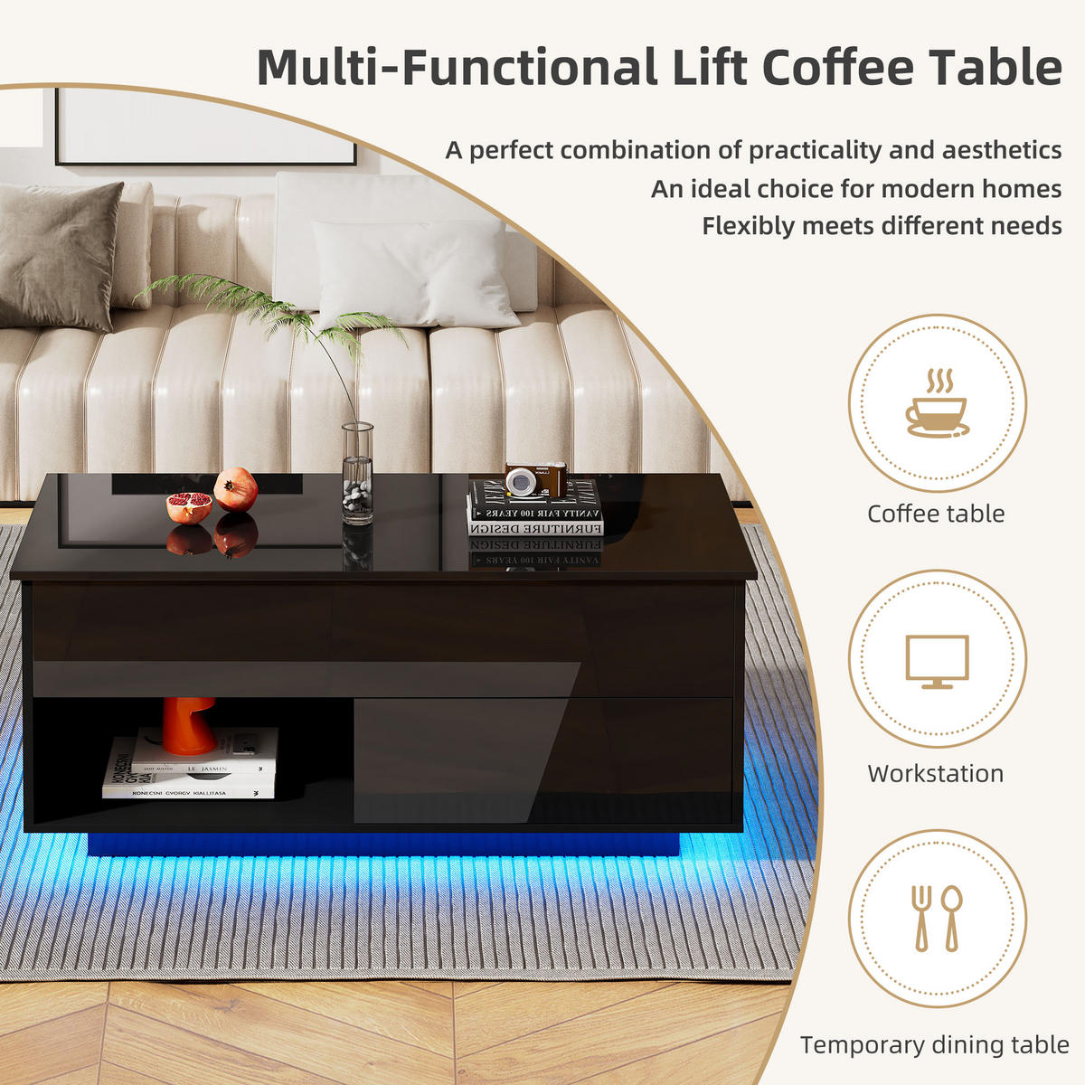 COUCHTISCH 100/50/55-70,5 cm Schwarz aus Holzwerkstoff mit Lift-Top, Stauraum und LED-Beleuchtung - Schwarz, Holzwerkstoff (100/50/60cm) - OKWISH