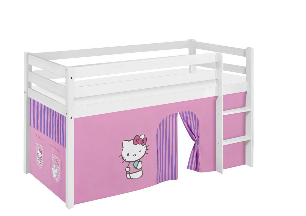 HOCHBETT Jelle mit HELLO KITTY Vorhang - Kinderbett - Weiß, Holz - Lilokids