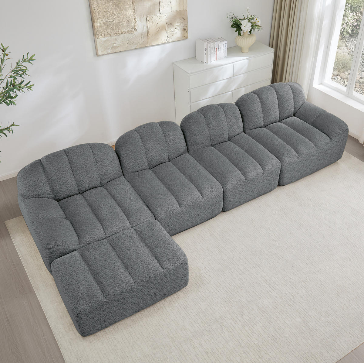 ECKSOFA 366/165/79 grau aus granuliertem Fleece mit Ottoman und tiefer Sitzfläche - Grau, Textil (165/366cm) - OKWISH