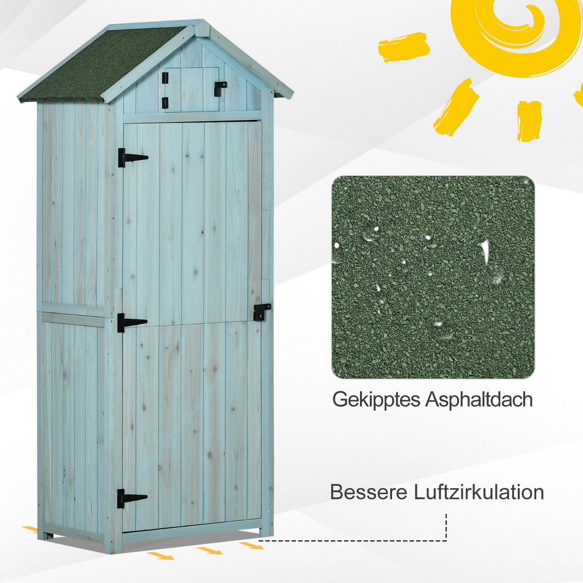 GARTENSCHRANK Geräteschuppen mit Fachböden, Asphaltdach Fenster, Holz, Hellblau+Grün - Hellblau/Grün, Holz (54.2/179/77cm) - Outsunny
