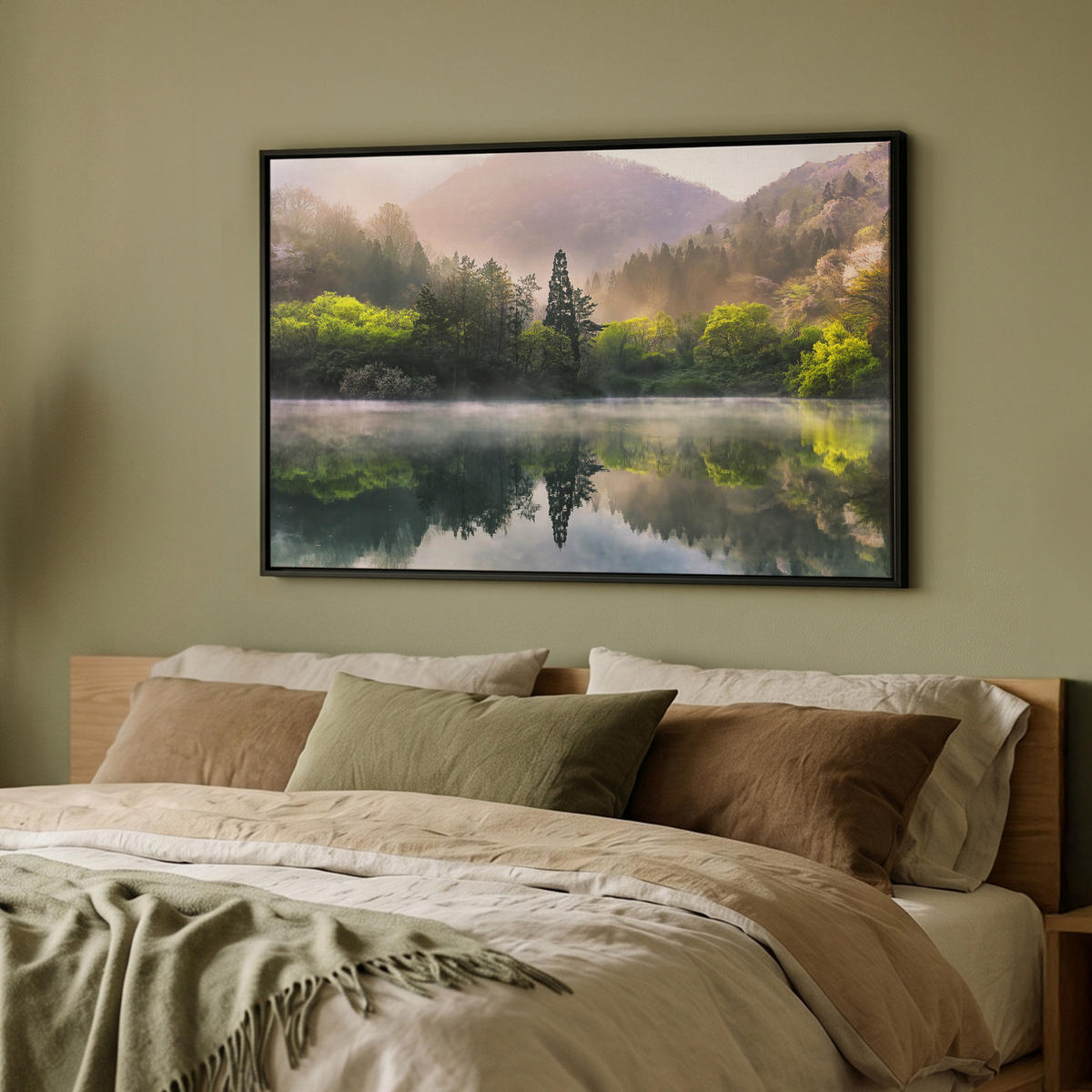 LEINWAND Bilder mit Rahmen - Natur - Bäume - Berge - See - Wasser - 90x60 - Hellgrün, Textil (90/60cm) - MuchoWow