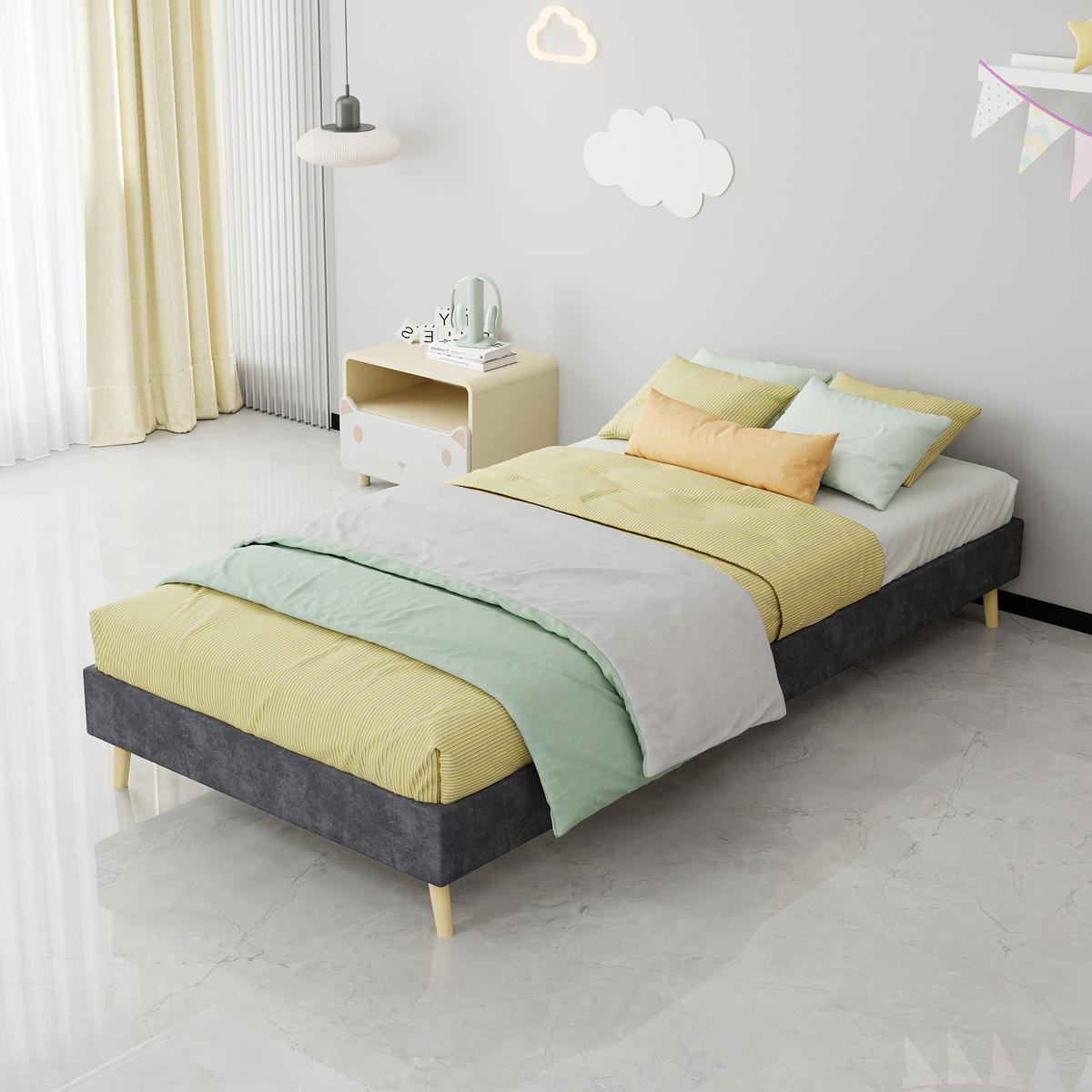 BETT 90/200 cm in Grau Stoff Metallgestell Kopfteilloses Design - Naturfarben/Grau, Holzwerkstoff/Textil (90/200cm) - STILVORA