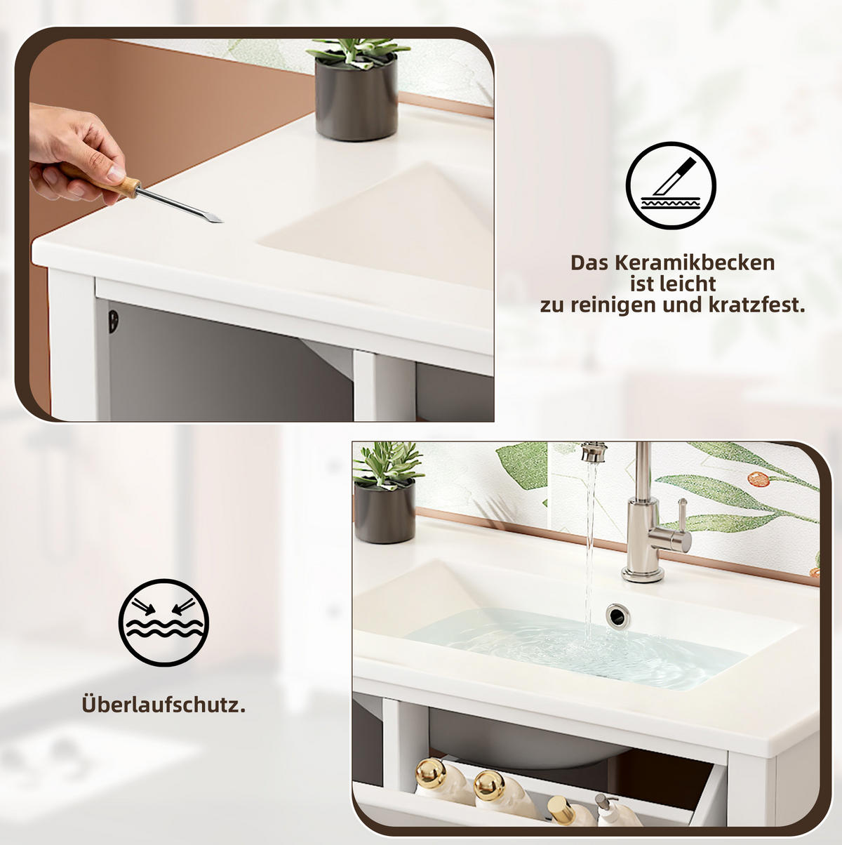 WASCHTISCH aus MDF und Keramik 76,5x47x83,5 cm Weiß mit 4 Schubladen und Klappschublade, integriertes Becken - Weiß, Keramik (76.5/83.5/47cm) - Modfu