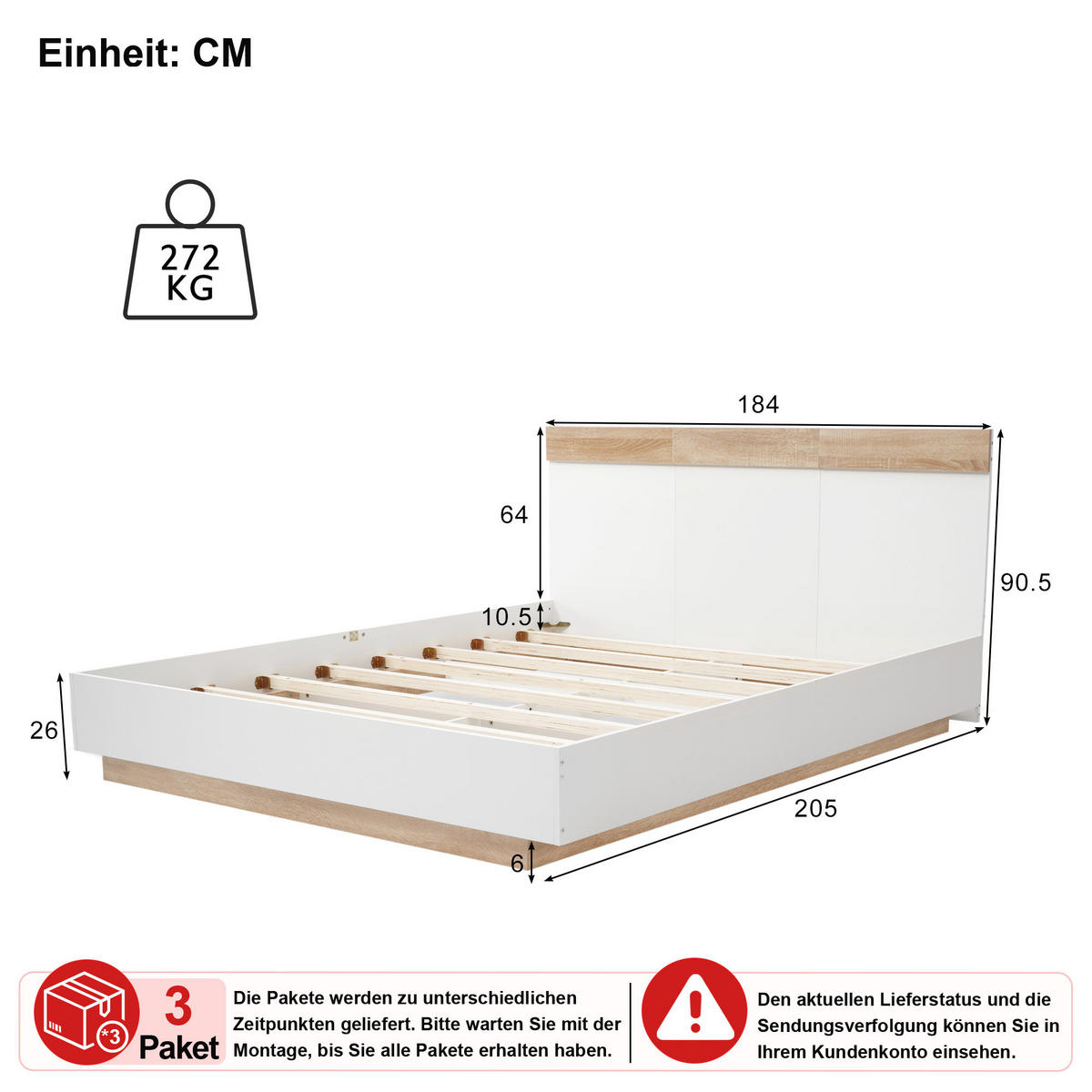 BETT 180/200 cm in Weiß & Sonoma-Eiche mit Lattenrost in Schwebeoptik - Weiß, Holzwerkstoff/Metall (180/200cm) - CHICFURN
