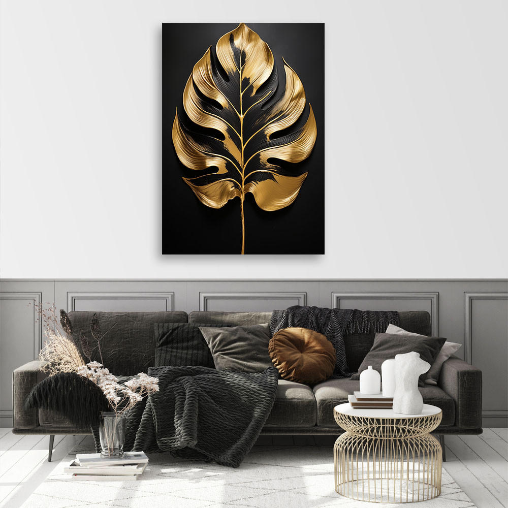 LEINWANDBILD Schwarzes und goldenes Monstera-Blatt 70x100cm - Goldfarben, Textil (70/100cm) - Feeby