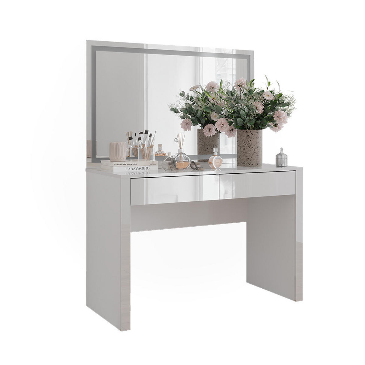 SCHMINKTISCH Annabelle Weiß Hochglanz/Weiß 110 cm mit LED-Spiegel - Weiß Hochglanz/Weiß, Holzwerkstoff (110/75.5/50cm) - Vicco