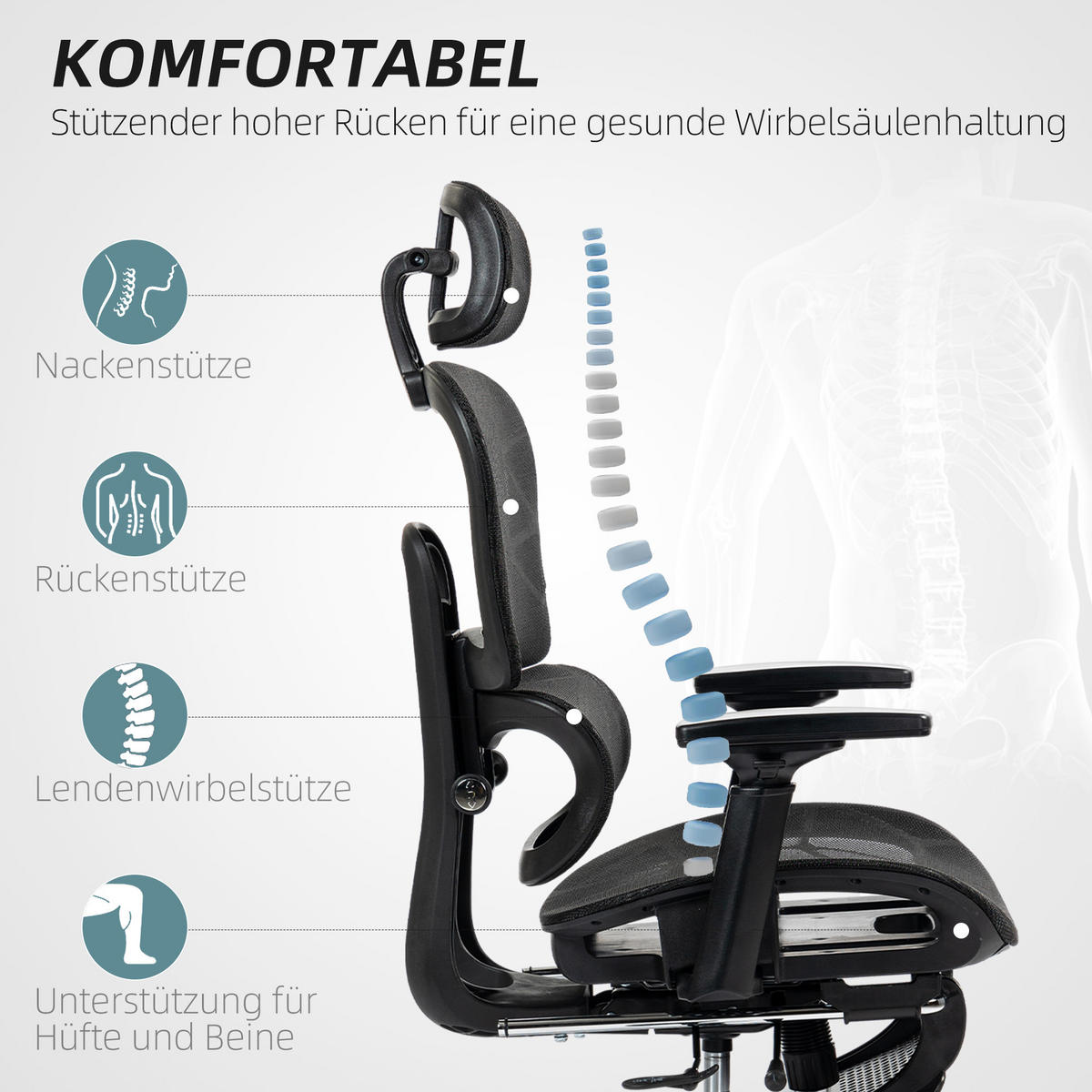 BÜROSTUHL Kopfstütze, Lendenwirbelstütze, Schwarz - Schwarz, Textil (66/122/64cm) - HOMCOM