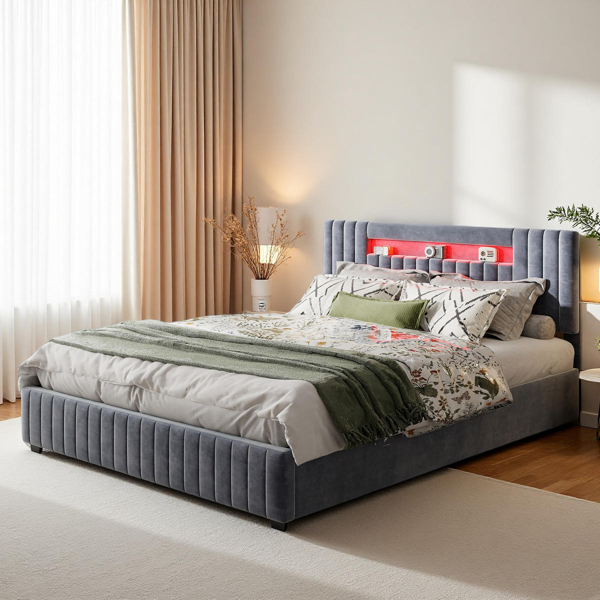 POLSTERBETT 160x200 cm LED Kopfteil Lattenrost Stauraum Samt grau - Grau, Holz (160/200cm) - LEBENLANG