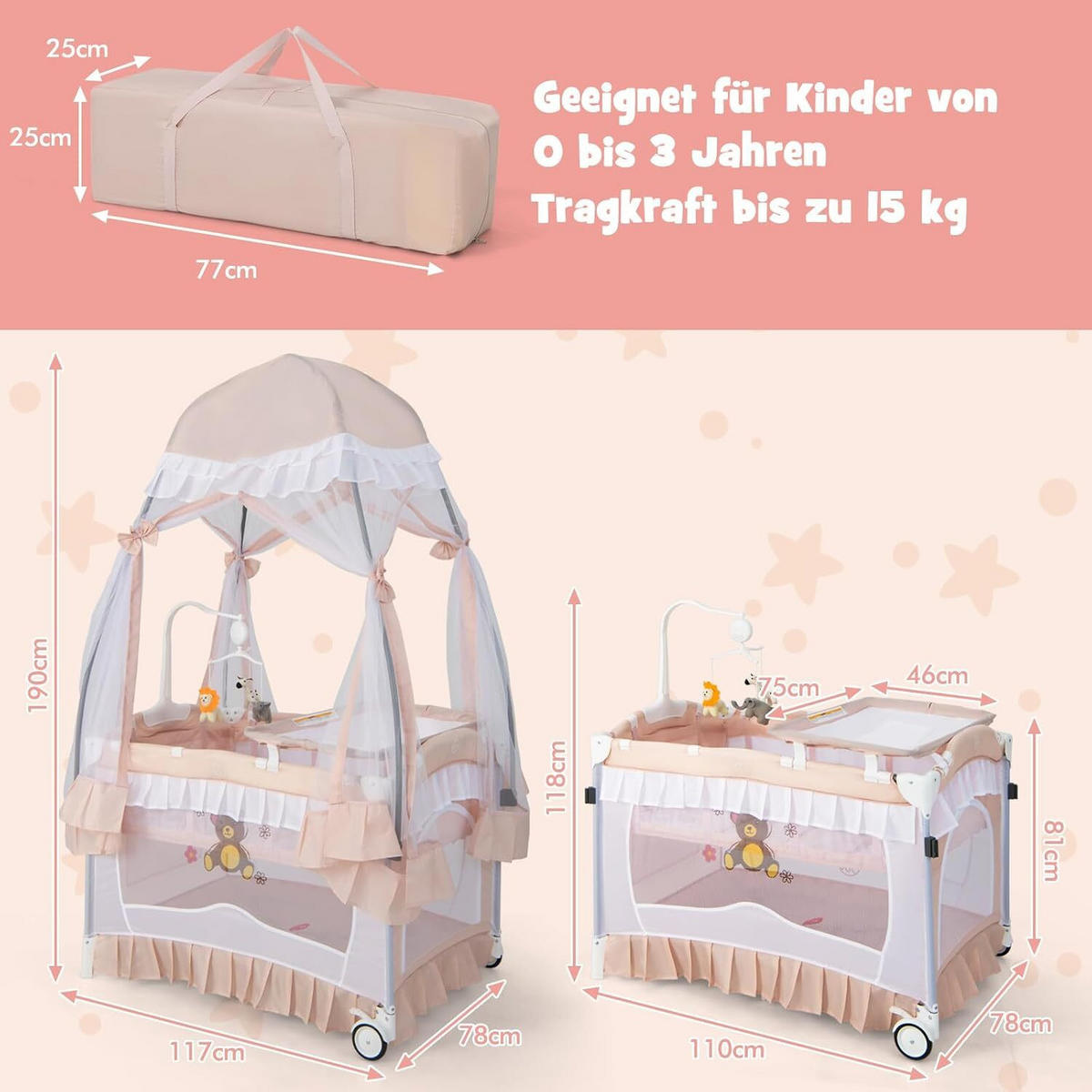 BABYBETT mit abnehmbarem Baldachin rosa - Pink, Textil - COSTWAY