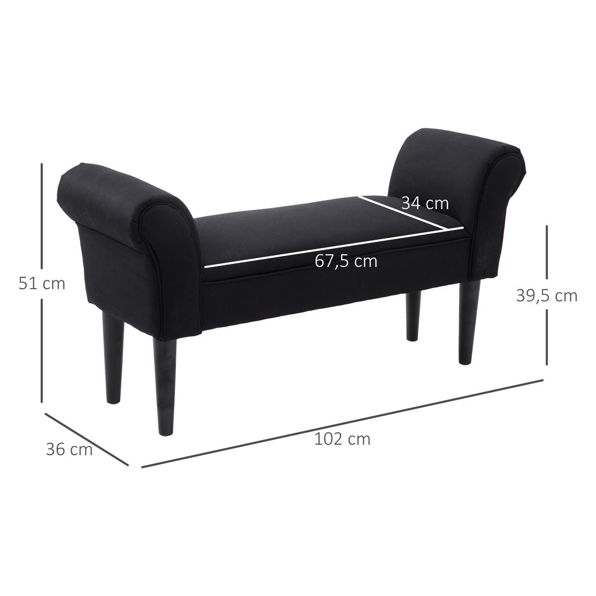 SITZBANK für Schlafzimmer Bettbank Polsterbank MDF Schaumstoff Schwarz - Schwarz, Kunststoff (36/51/102cm) - HOMCOM