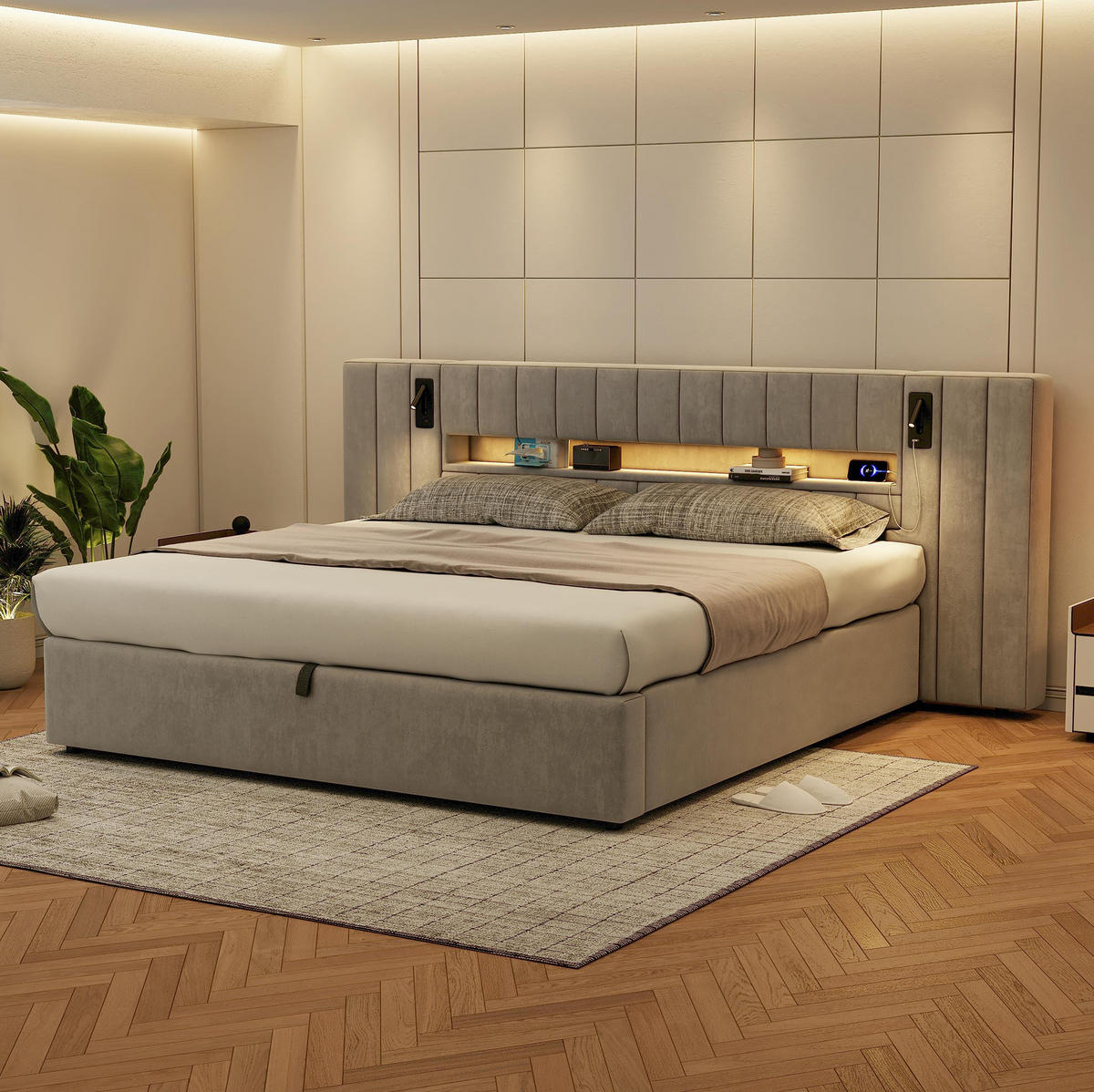 ČALÚNENÁ posteľ zo zamatu 180x200 cm sivá s USB portami, LED osvetlením a úložným priestorom - sivá, textil (180/200cm) - Modfu