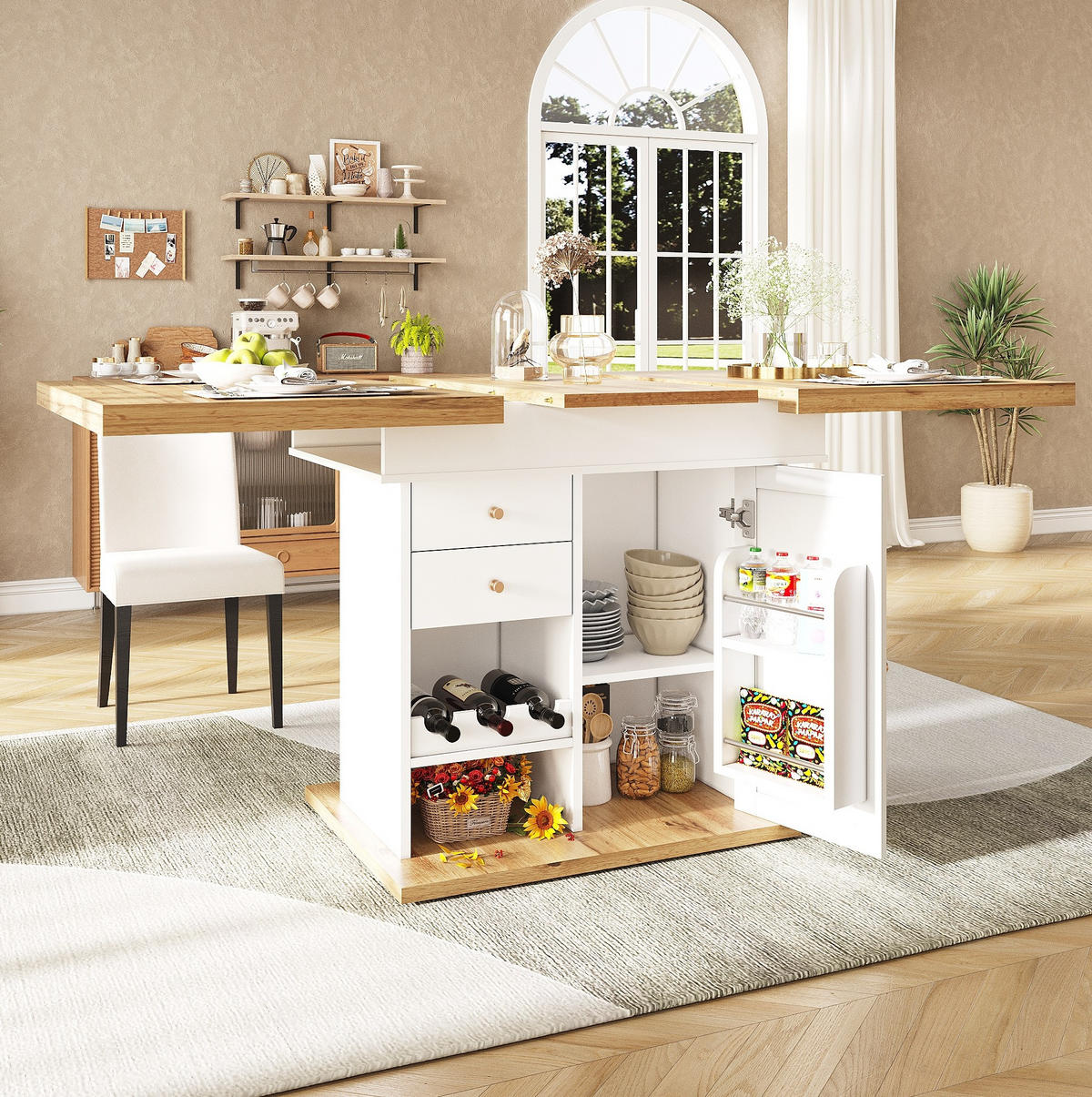 JEDÁLENSKÝ stôl 110/140/80 cm biela prírodná, rozkladací s úložným priestorom - prírodná farba, kompozitné drevo (140/80/75cm) - BEAOK