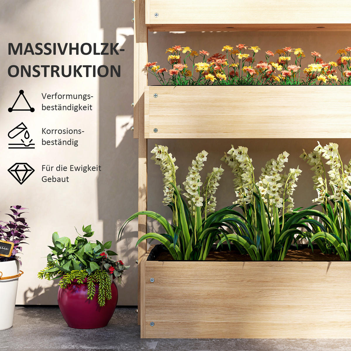 HOCHBEET Holz, 4 Ebene Pflanzbeet mit Entwässerungslöcher Frühbeet Gartenbeet - Hellgelb, Holz (45/140/88.5cm) - Outsunny