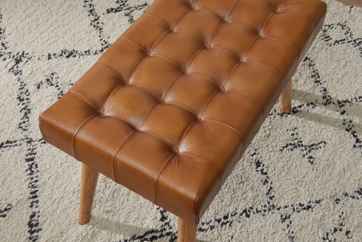 SITZHOCKER – Echtleder/Naturholz, modern, 120 kg Belastbarkeit - Braun, Mangoholz/Leder (67/47/39cm) - KADIMA DESIGN