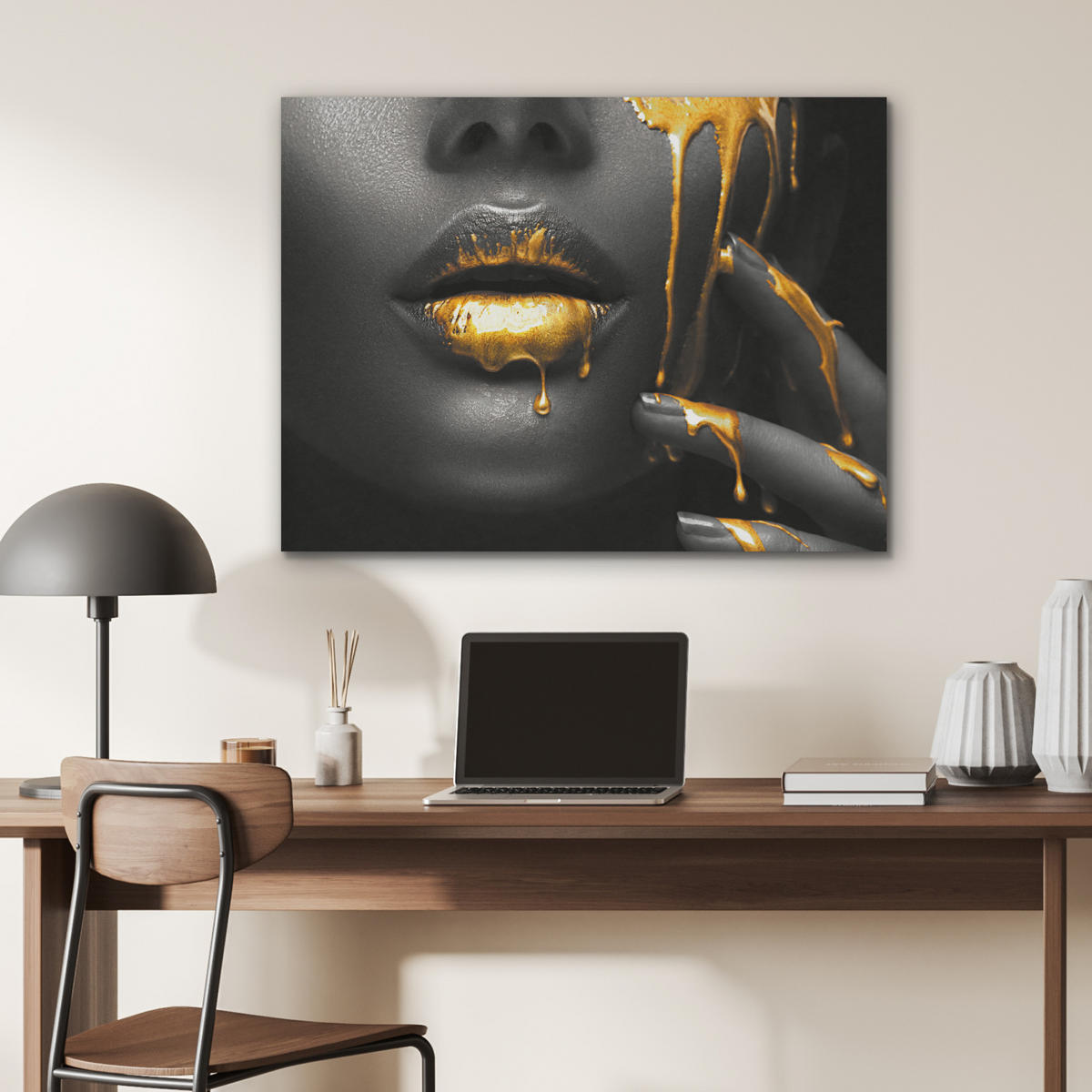 AKUSTIKPANEEL Frau - Schwarz - Gold - Gesicht - Lippen 80x60 cm - Goldfarben, Textil (80/0.9/60cm) - MuchoWow
