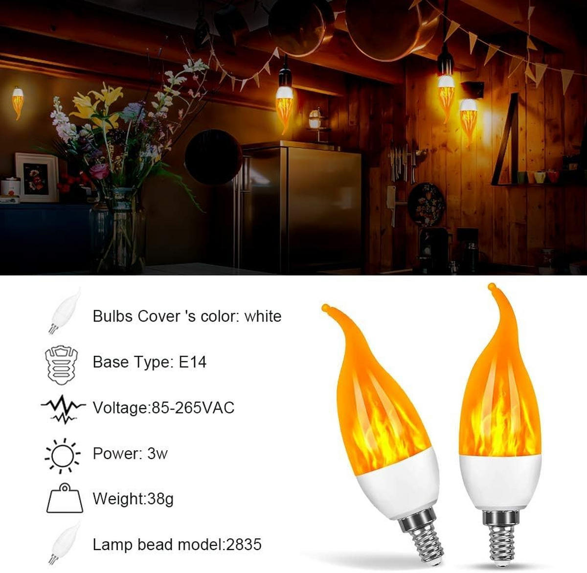LED BULB 4er-Set E14 3 W Flammeneffekt flackernd für Halloween Weihnachten Hochzeit - Weiß, Metall (11.5/4cm)