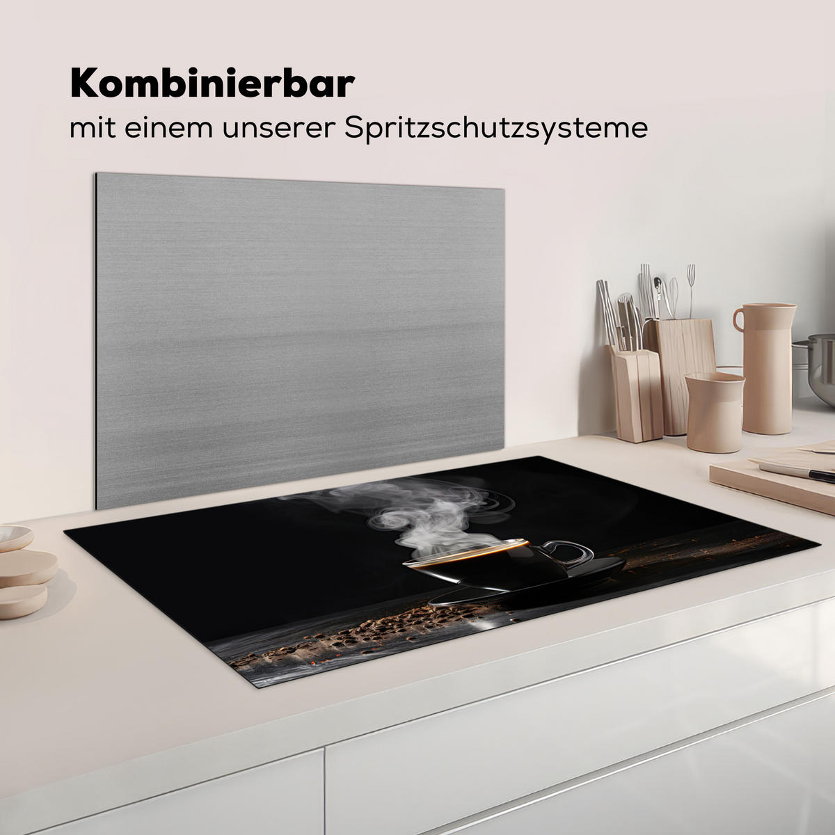 HERDABDECKPLATTE Kaffee - Schwarz - Bohnen - Heiß - Tasse Ceranfeldabdeckung 90x52 cm - Schwarz, Kunststoff (90/52/0.2cm) - MuchoWow