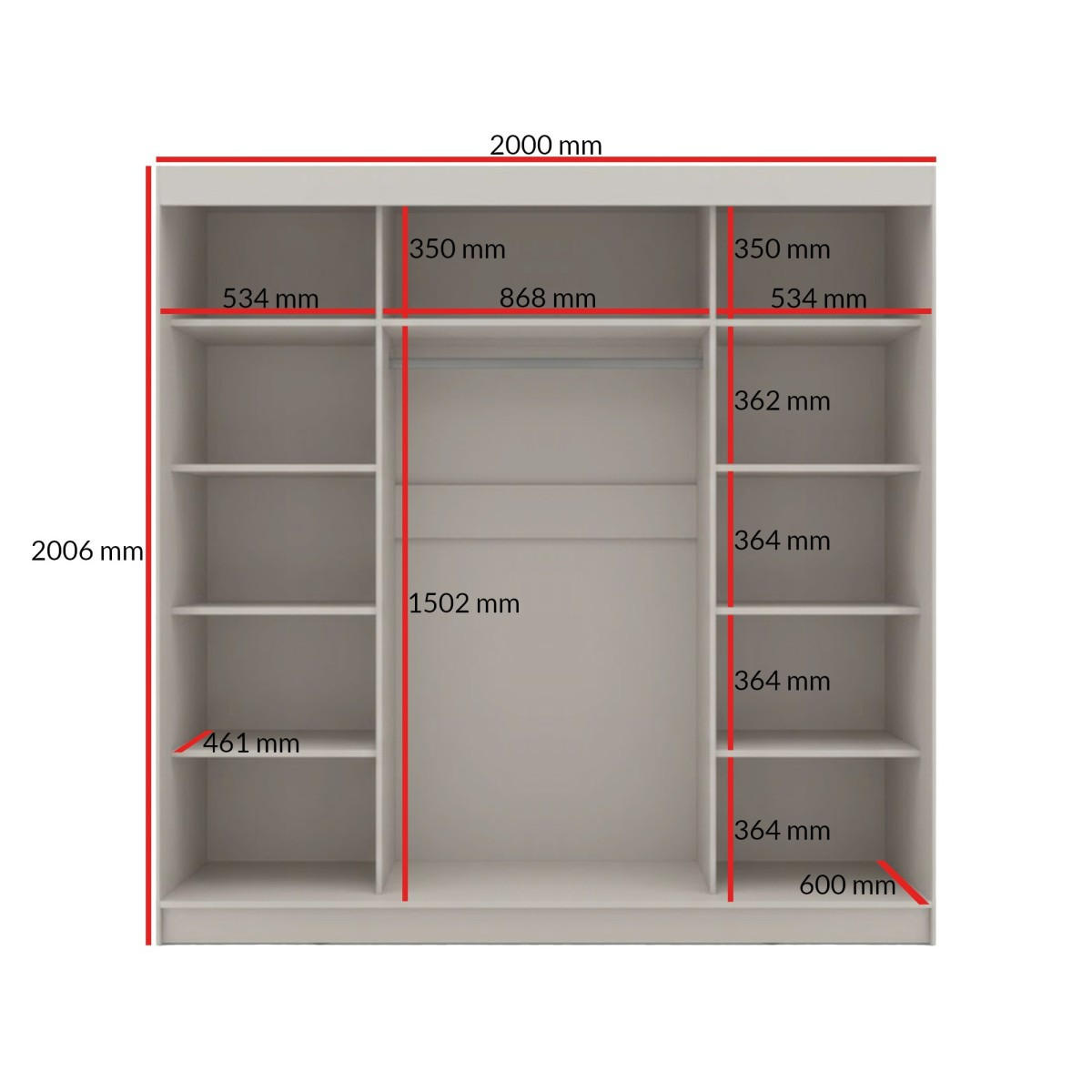 SCHWEBETÜRENSCHRANK mit Spiegel Fiore 3D1L 200 Kaschmir/Schwarz - Kaschmir/Schwarz, Holzwerkstoff/Metall (200/200/60cm) - mzm24