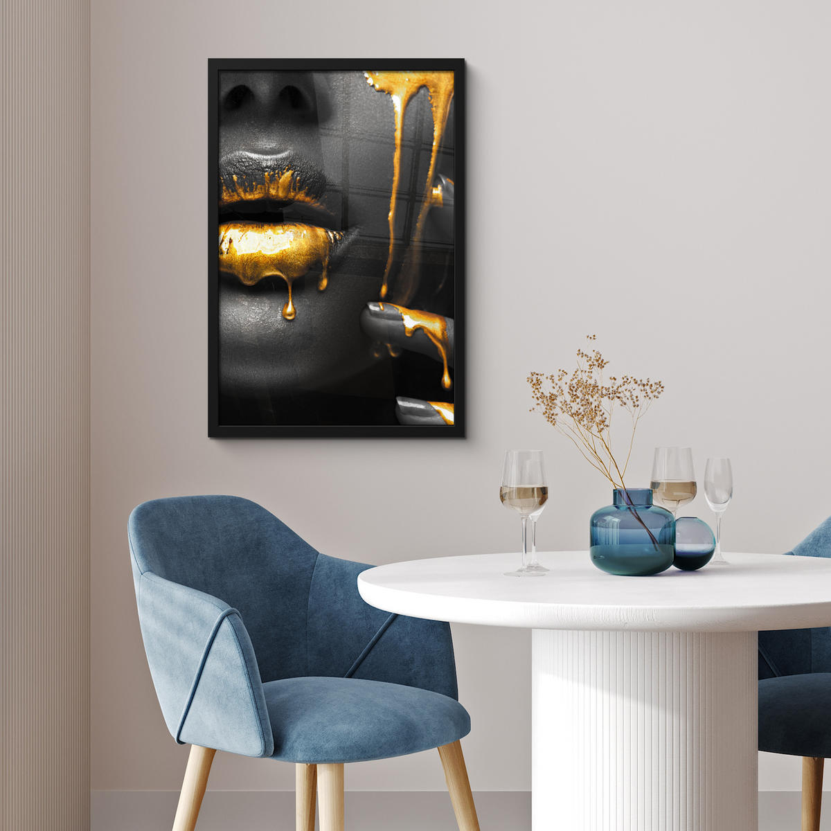 GERAHMTES BILD Frau - Schwarz - Gold - Gesicht - Lippen 40x60 cm - Goldfarben, Papier (40/60cm) - MuchoWow
