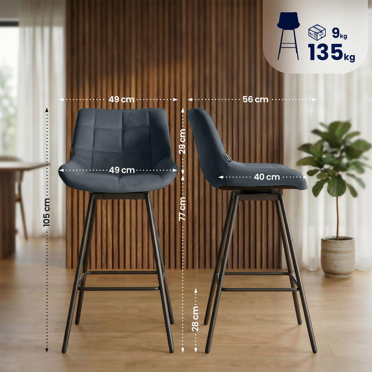 BARHOCKER Samt Dunkelgrau - Dunkelgrau/Schwarz, Textil/Metall (49/105/56cm) - CLP