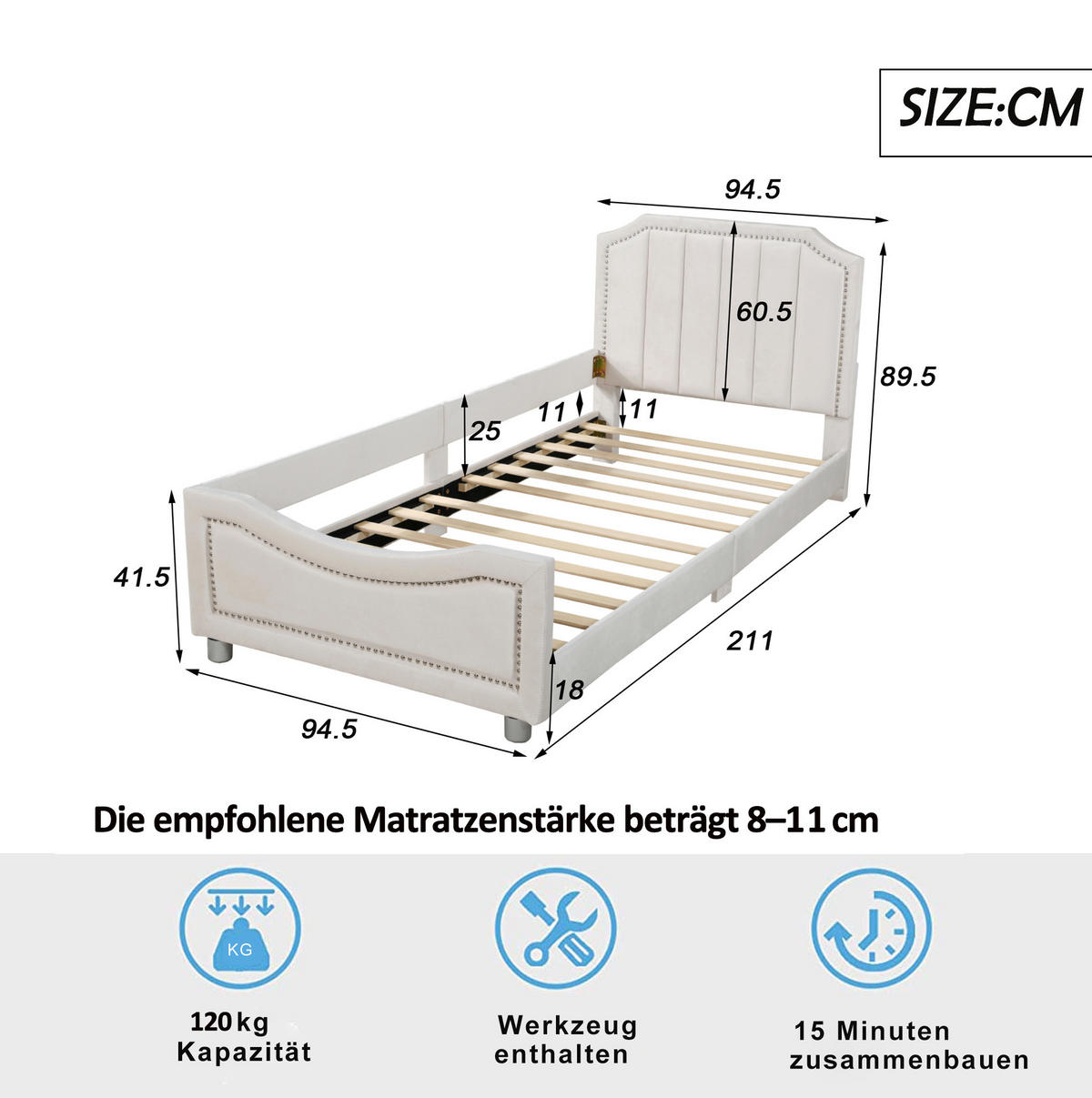 POLSTERBETT 211/94.5/41.5 cm Beige aus Holz mit Rückenlehne - Beige, Holz (90/200cm) - OKMYHOME