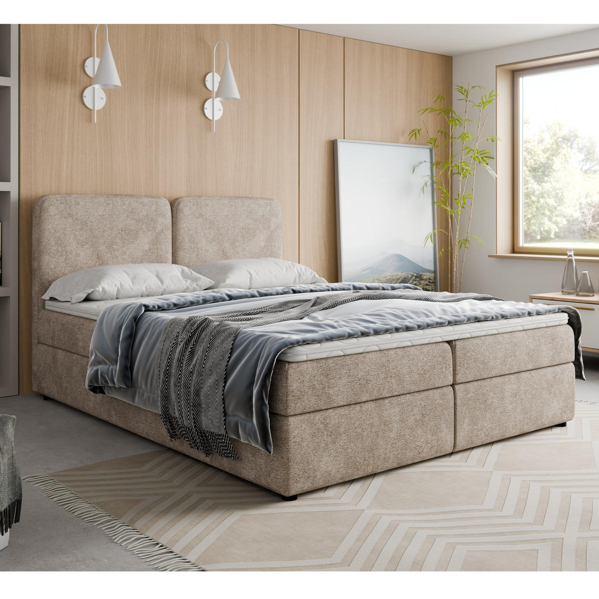 BOXSPRINGBETT BOHO 140x200 cm, Cappuccino Bouclé Toro, inkl. Bettkasten & Topper - Cappuccino, Textil (140/200cm) - Excellent Home