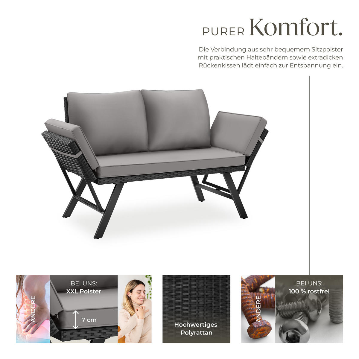 RATTAN-LOUNGESOFA Sintra,157 x 61 x 89 cm,hellgrau/schwarz - Hellgrau/Schwarz, Kunststoff/Textil (157/89/61cm) - tectake