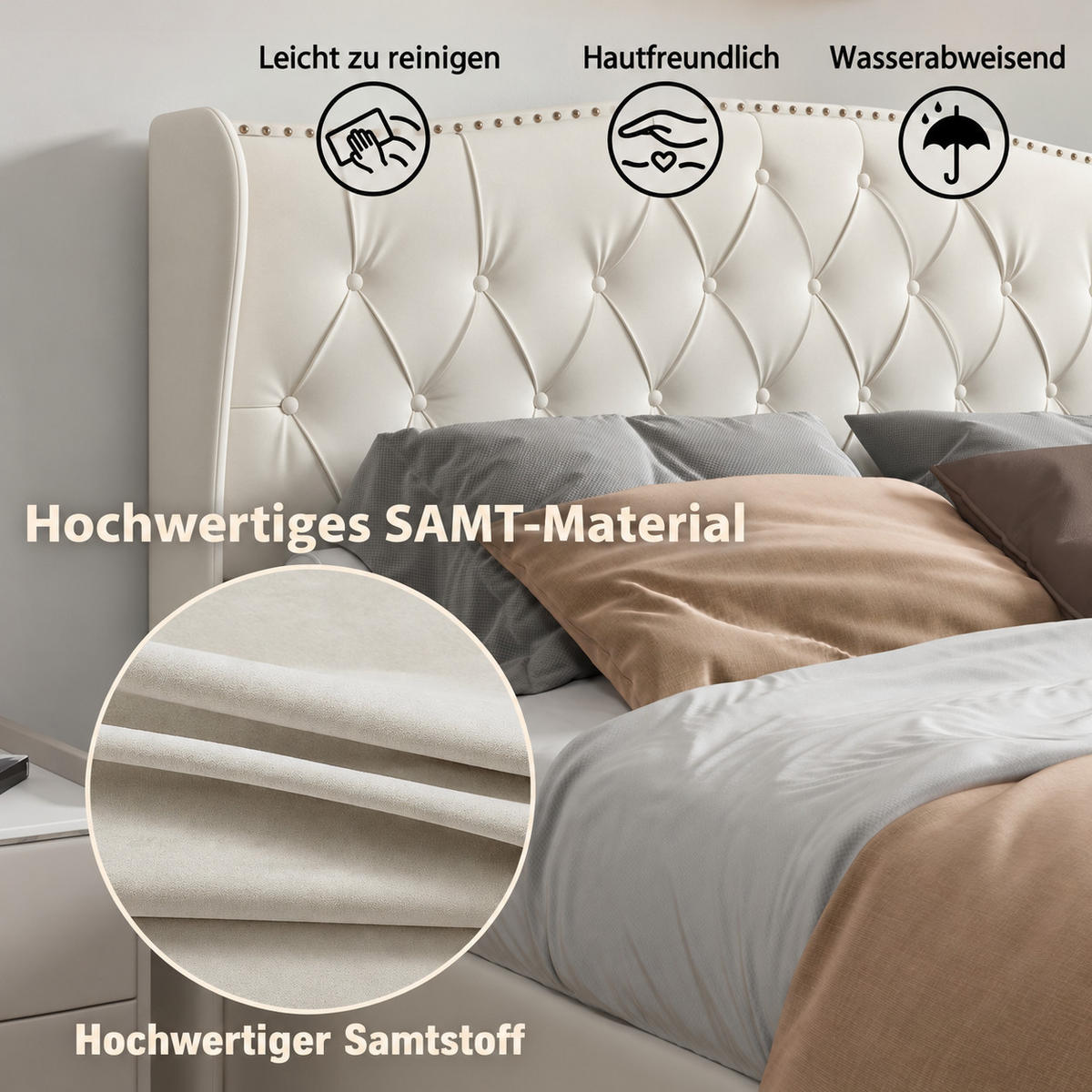 POLSTERBETT 140/190 cm mit Stauraum & Knopfheftung - Beige, Holz/Metall (140/190cm) - Joyfair