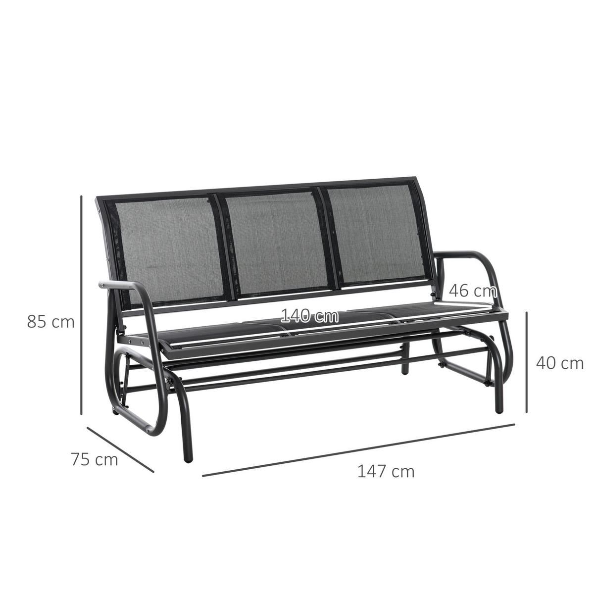 GARTENSCHAUKELBANK aus Metall 147x75x85 cm Schwarz mit Schaukelfunktion und atmungsaktivem Netzbezug - Schwarz, Metall (75/85/147cm) - Modfu