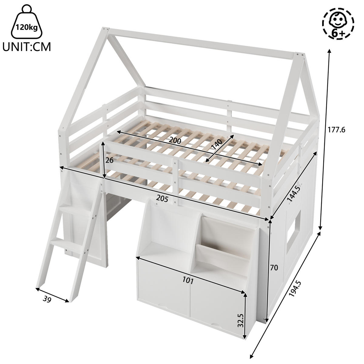 HOCHBETT 140/200 cm in Weiß mit Treppe, LED und Aufbewahrungsboxen im Hausdesign - Weiß, Holzwerkstoff (140/200cm) - STILVORA