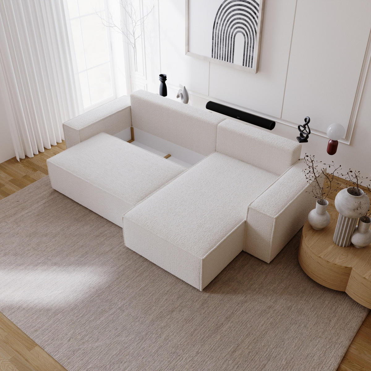 ECKSOFA Bouclé 280 cm Bergamo L mit Bettkasten, Schlaffunktion, Rechts - Creme - Creme, Holz (189/277cm) - Emporius