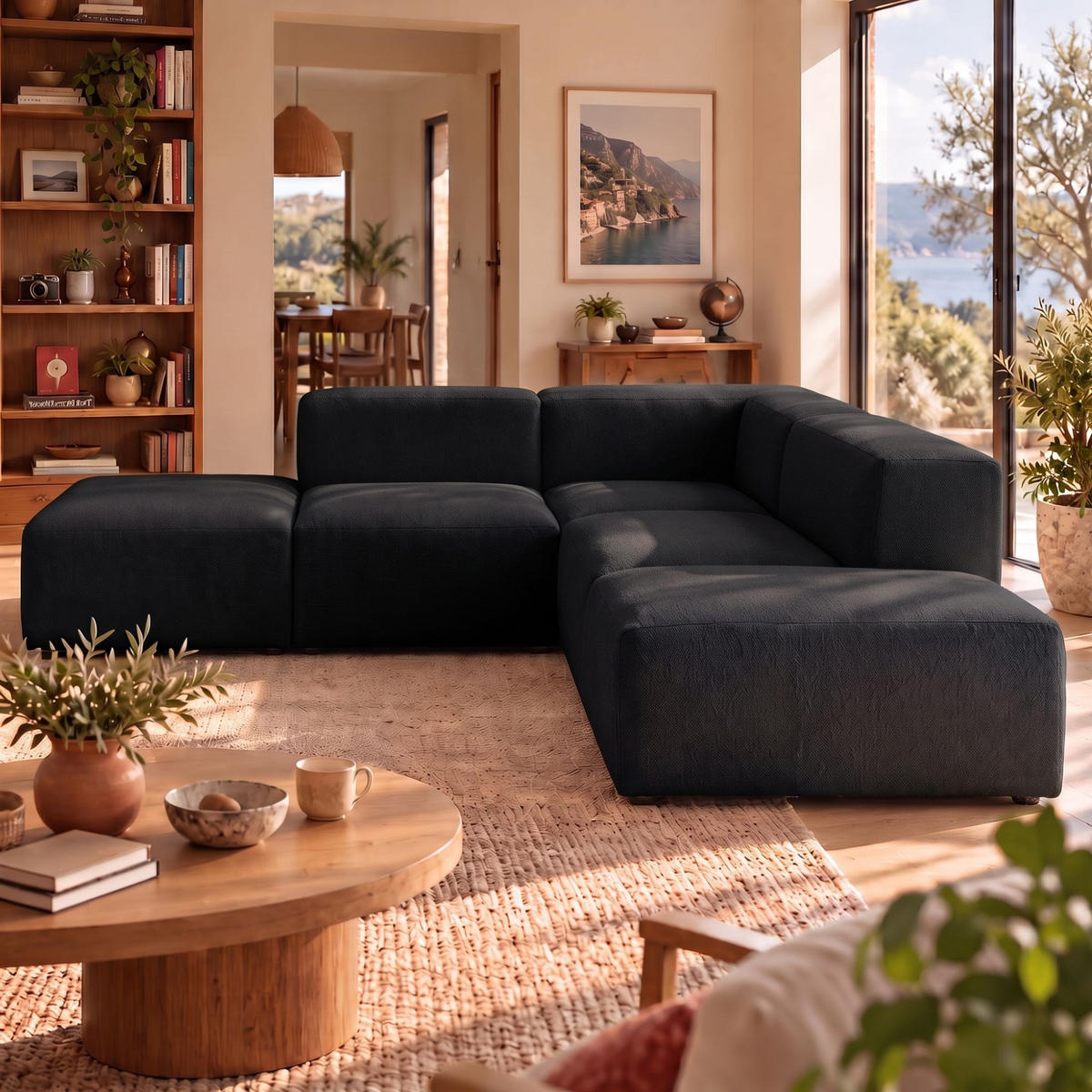 4-SITZER modulares Ecksofa HEAVEN SET 3 Rechts, Breite 270 cm Webstoff Schwarz - Schwarz, Holz/Kunststoff (270/245cm) - Muffo