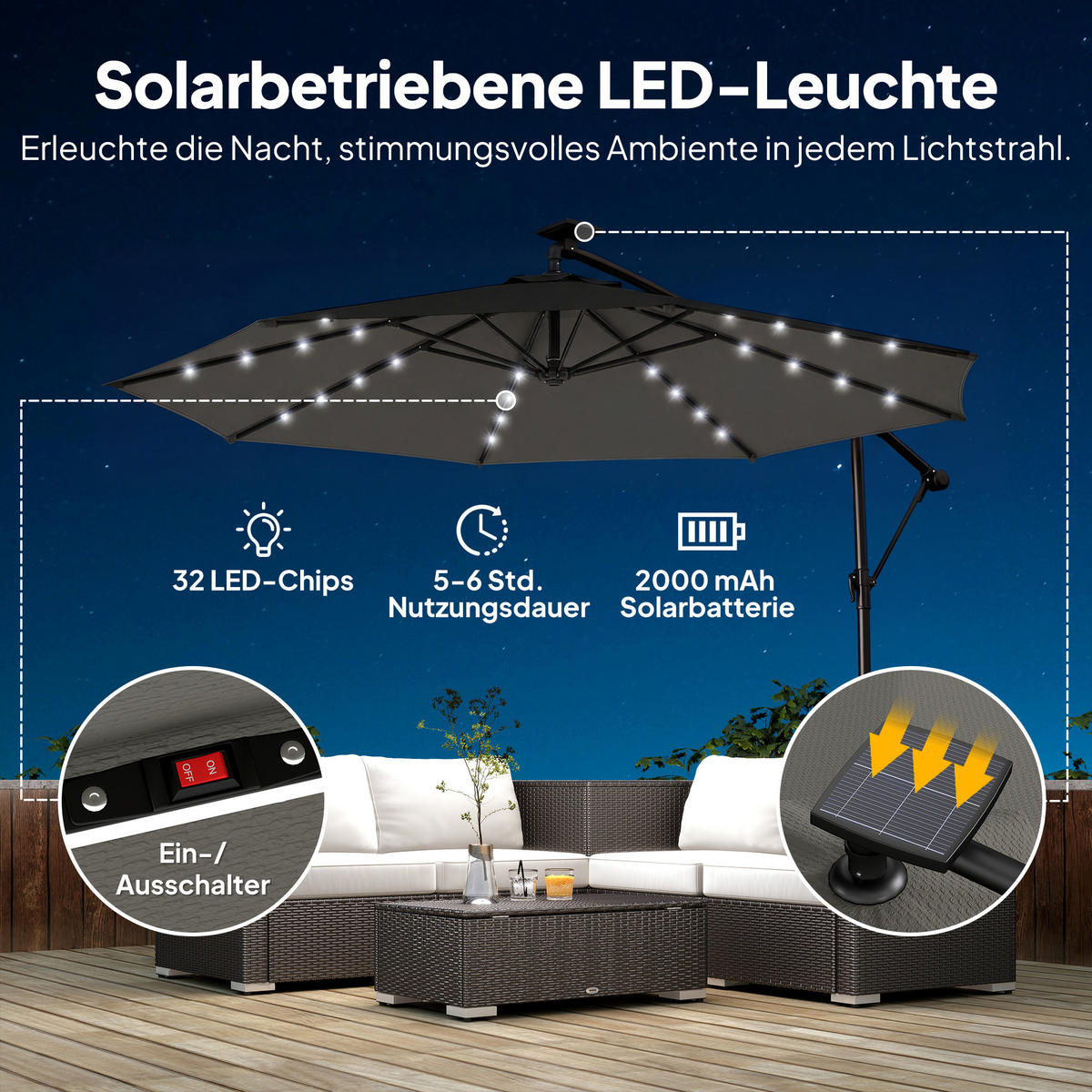 AMPELSCHIRM mit Solar LED Metall Polyester Dunkelgrau - Dunkelgrau, Textil/Metall (300/300cm) - Outsunny